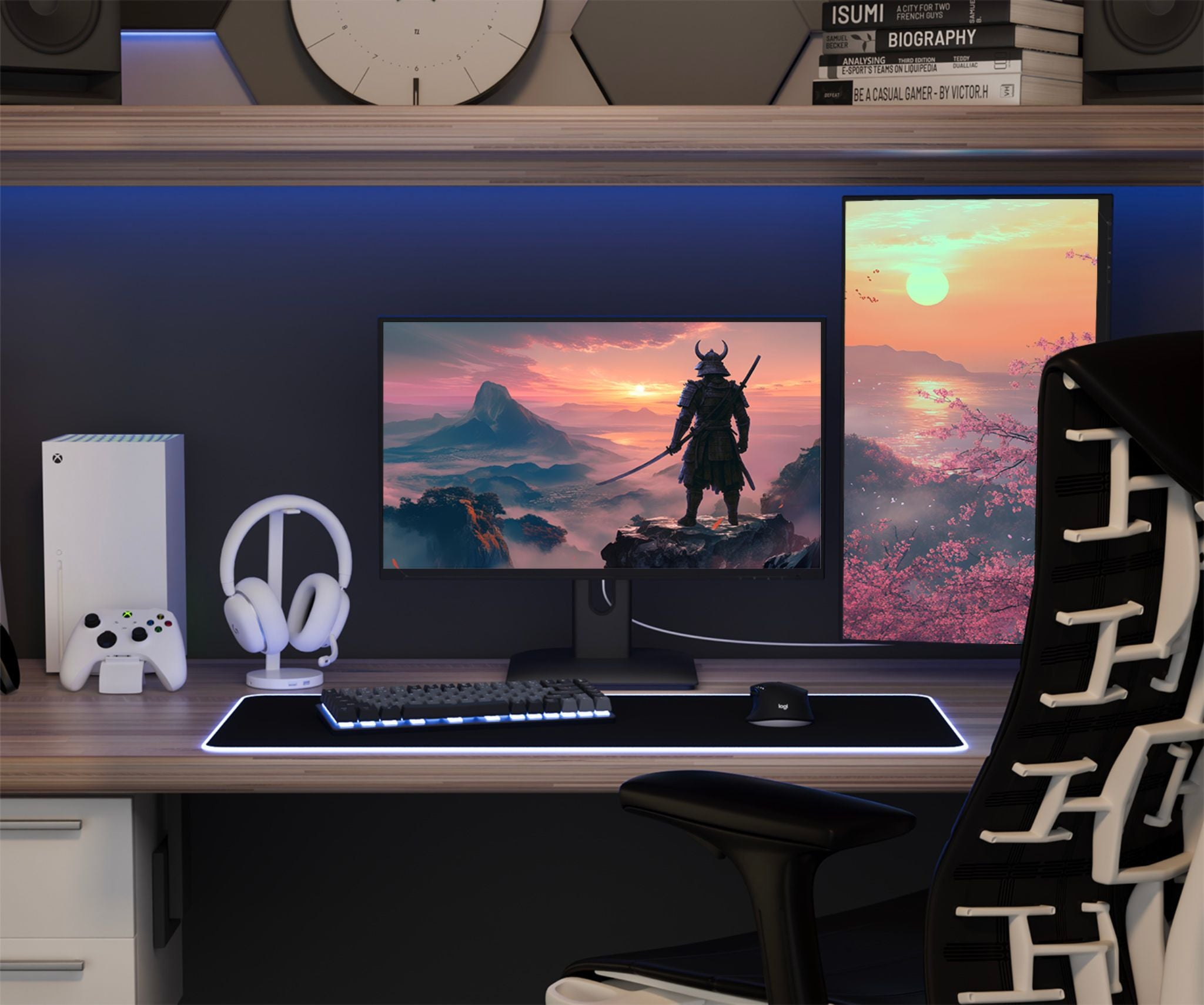 A gaming setup with two monitors displaying landscapes, a white Xbox, headphones, keyboard, and a black chair.