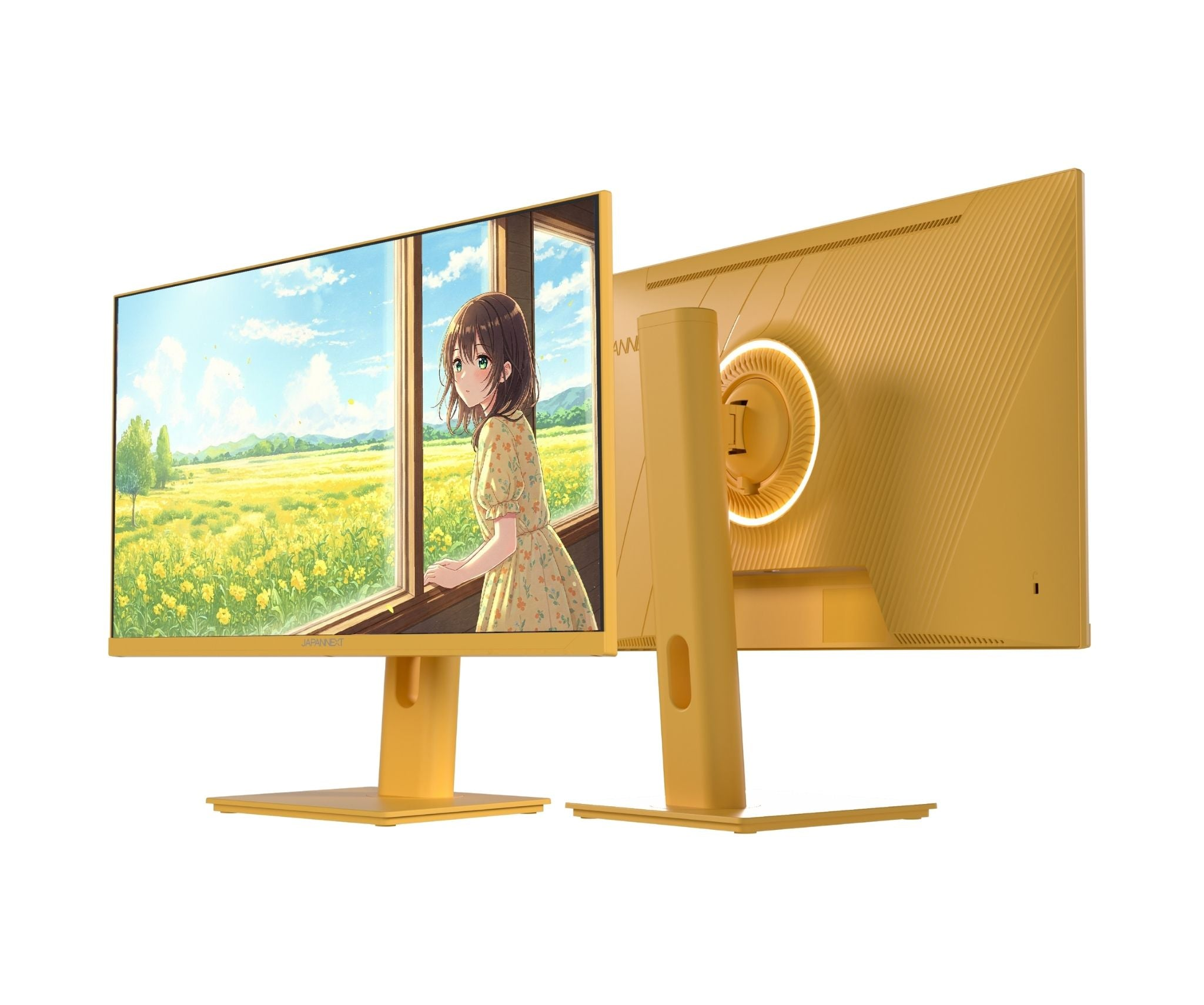 Zwei gelbe Computermonitore. Einer zeigt ein Anime-Mädchen am Fenster. Die andere Seite ist ein gelbes Design.