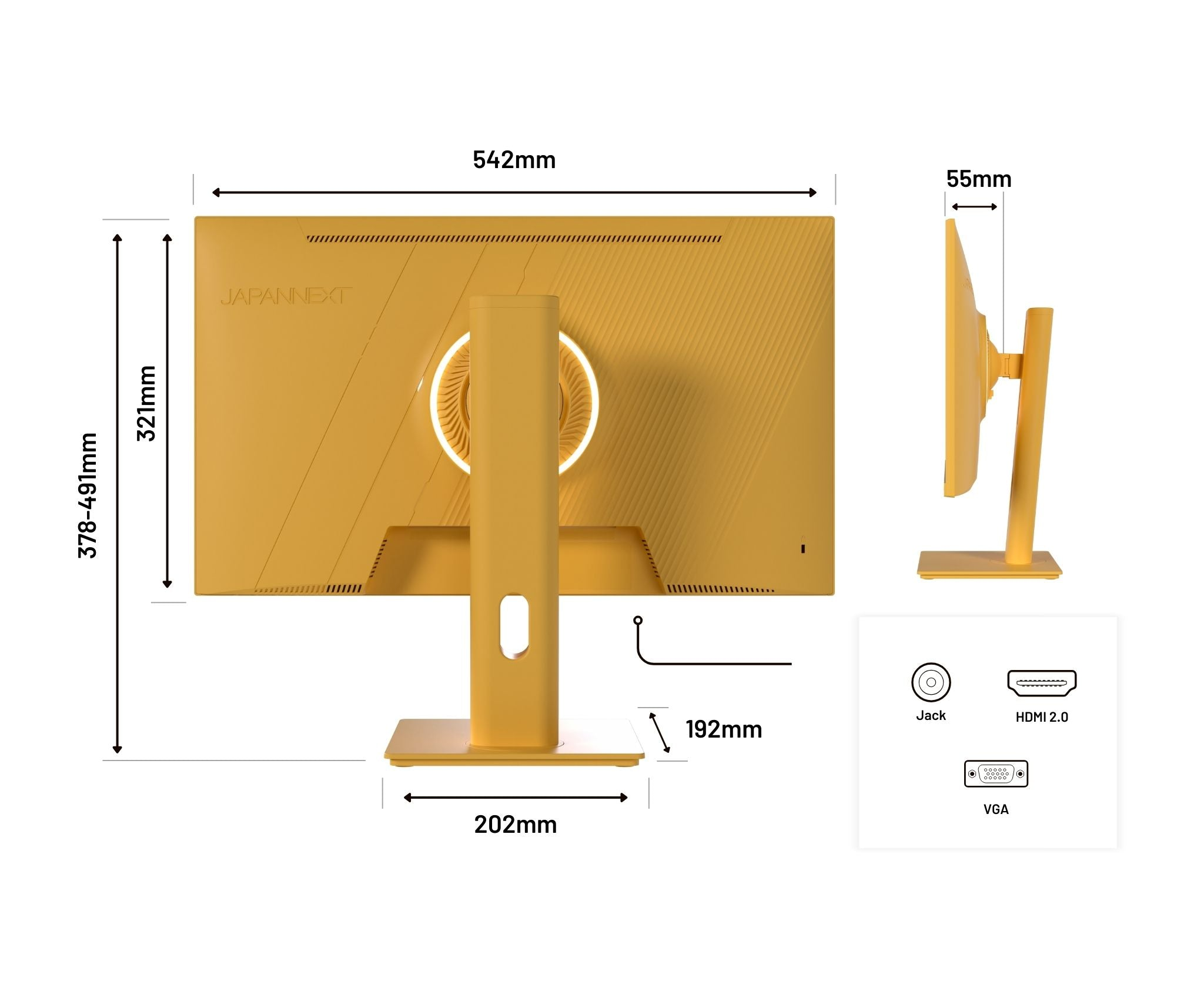 Ein gelber Computermonitor mit angegebenen Abmessungen. Zeigt den Markennamen und Anschlüsse. Enthält Buchse, HDMI 2.0 und VGA.