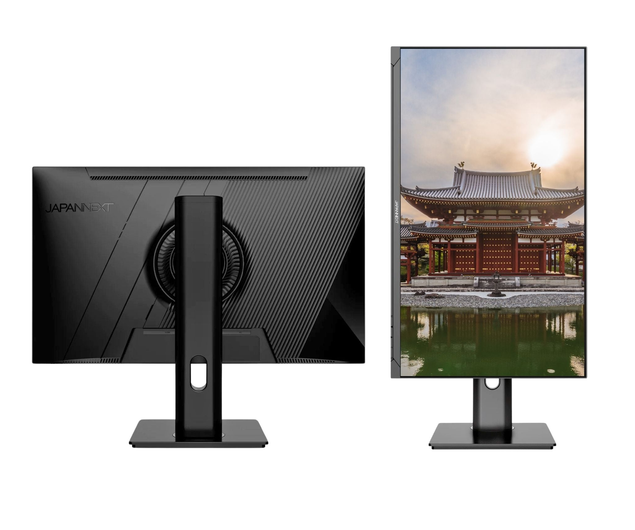 A monitor shows a temple with a lake. The monitor's back is black and has a JAPAN NEXT logo.