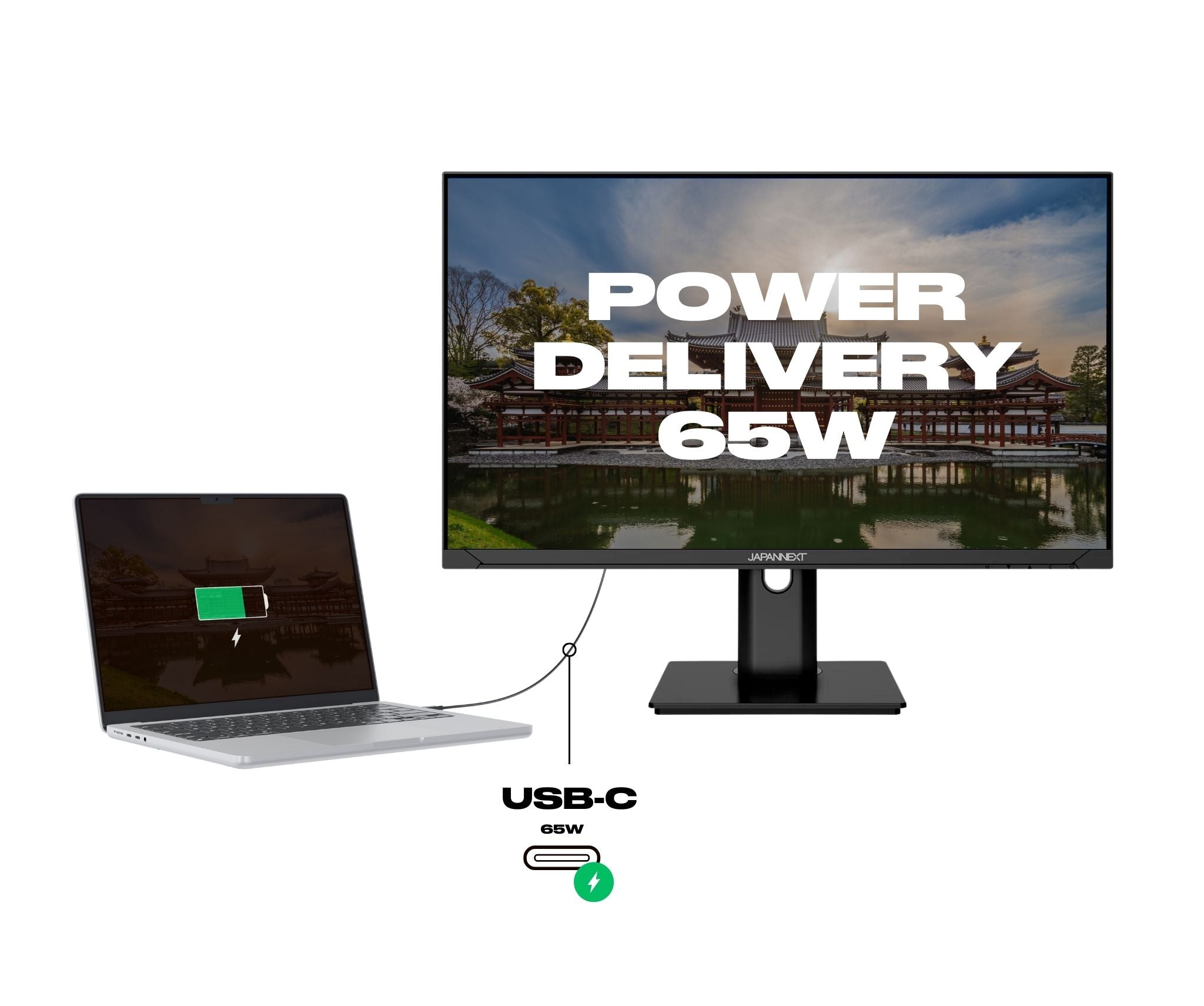 Laptop connected to monitor via USB-C. Monitor displays 'Power Delivery 65W' with a temple image. Laptop shows charging.