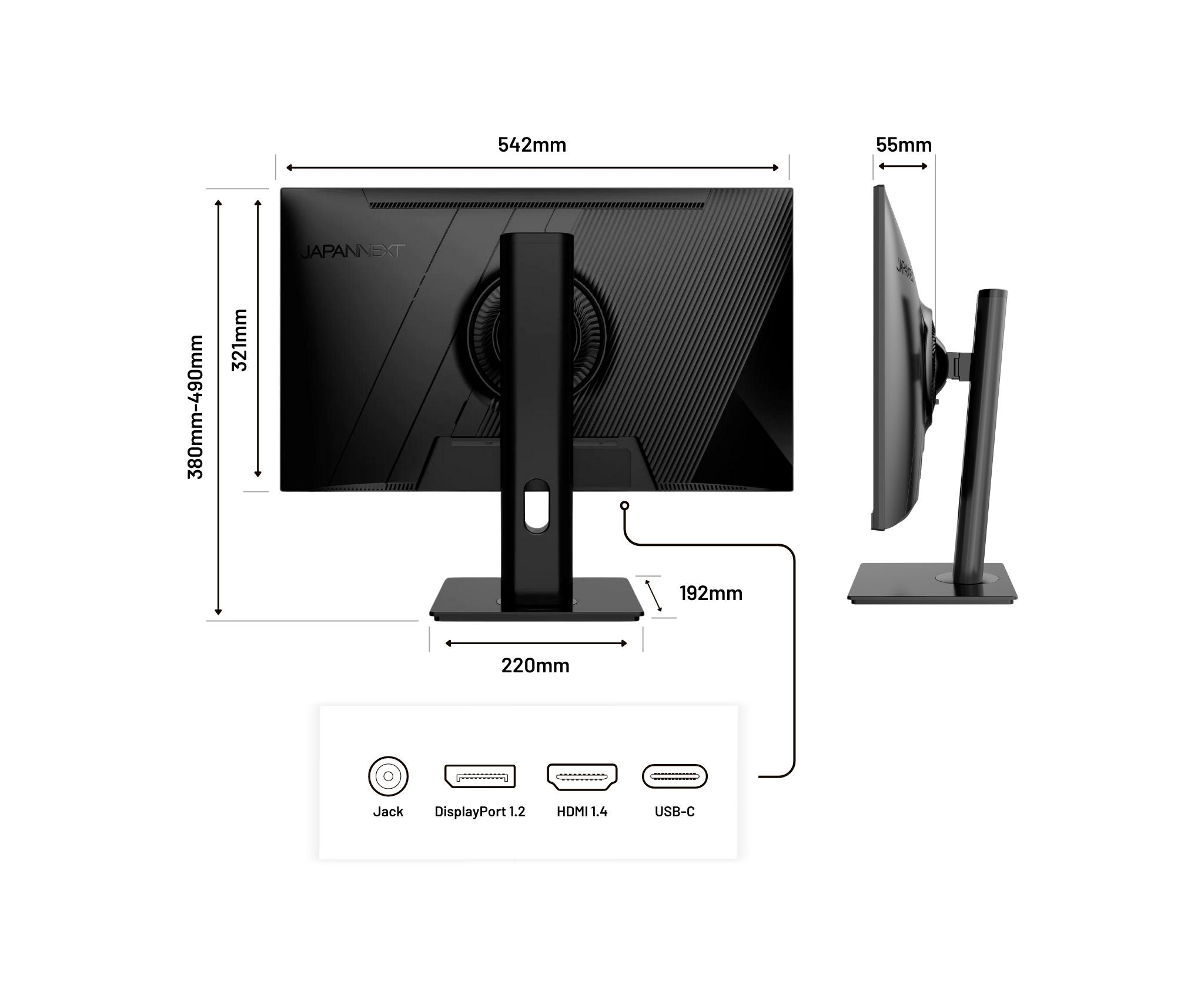 Black monitor with dimensions labeled. Ports include Jack, DisplayPort, HDMI, and USB-C. Dimensions are 542mm, 321mm, and 55mm.