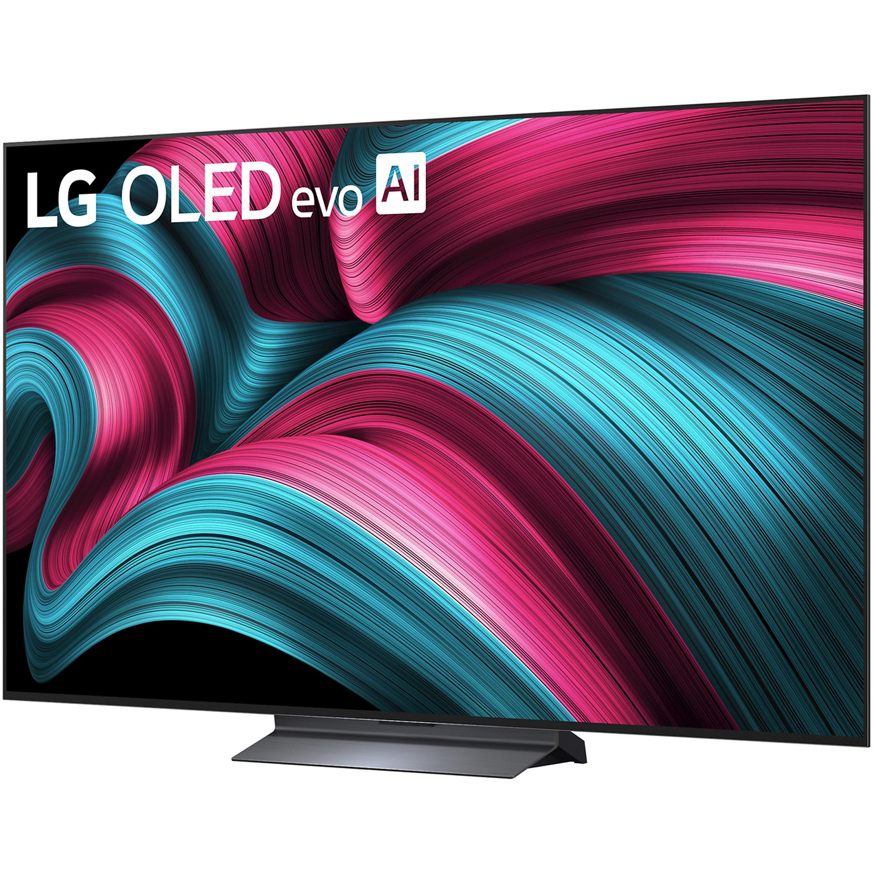 Téléviseur LG OLED evo AI avec un affichage abstrait coloré. Le téléviseur est noir et repose sur un support sombre. L'écran affiche du bleu et du rose.