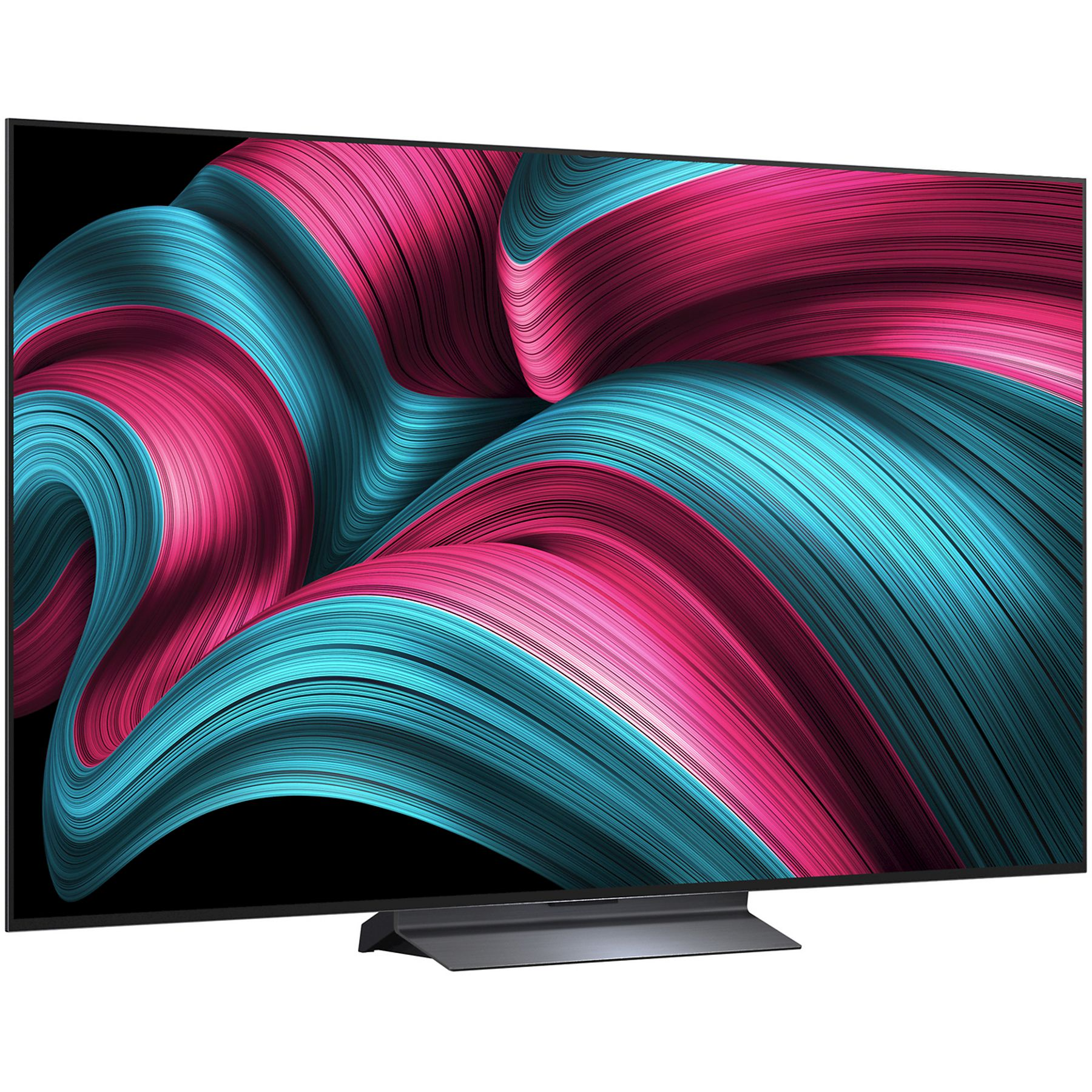 Une grande télévision avec un écran affichant un motif de vagues abstraites roses et turquoise. Elle a un support sombre.