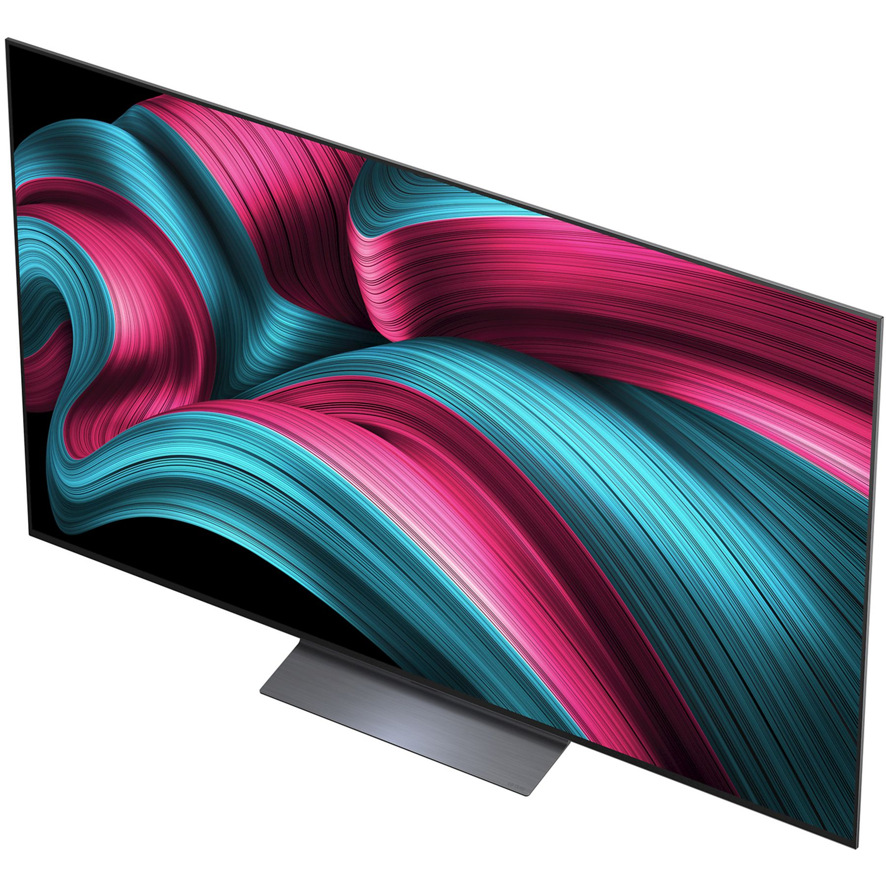 Une télévision moderne avec un écran affichant un motif tourbillonnant de rose et de sarcelle. Elle a un pied métallique et un cadre noir.