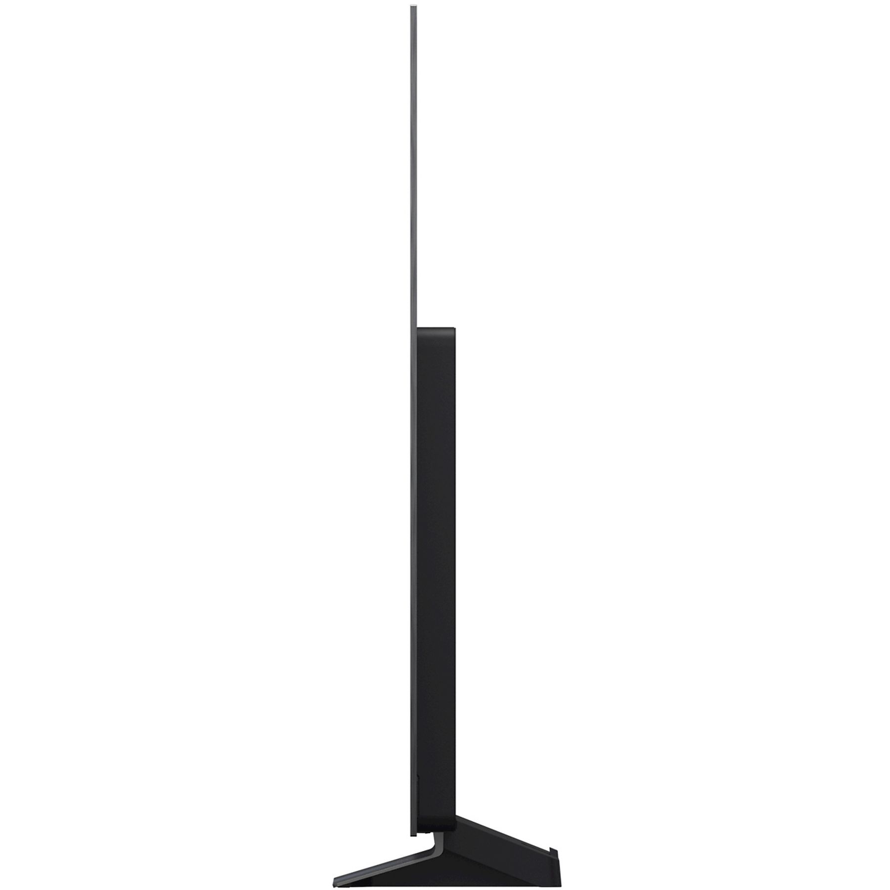 Vue latérale d'un téléviseur à écran plat noir. Il est posé sur un socle noir. L'écran est fin et le fond est blanc.