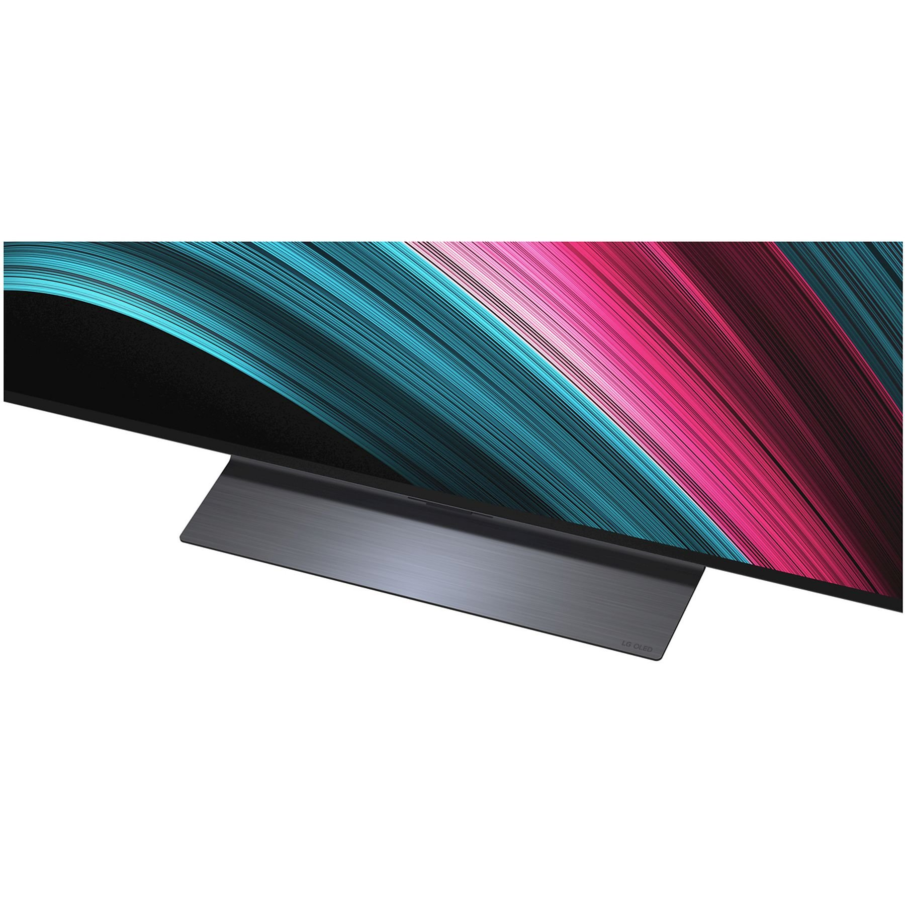 Téléviseur avec lunette noire, pied gris et motif abstrait d'écran coloré en cyan et rose.