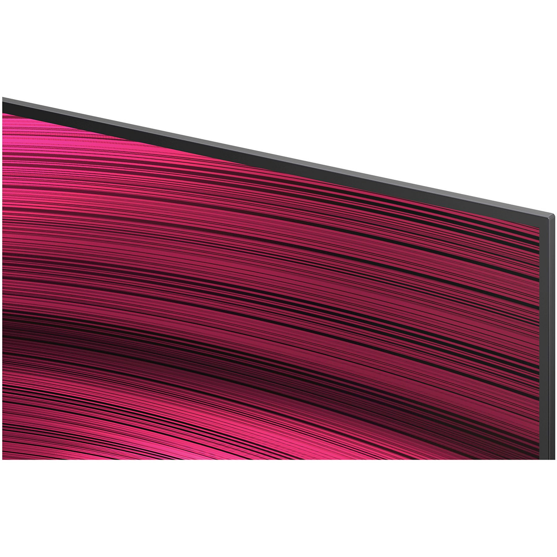 Gros plan sur un écran incurvé. L'écran présente des lignes horizontales noires sur un fond rose vif.