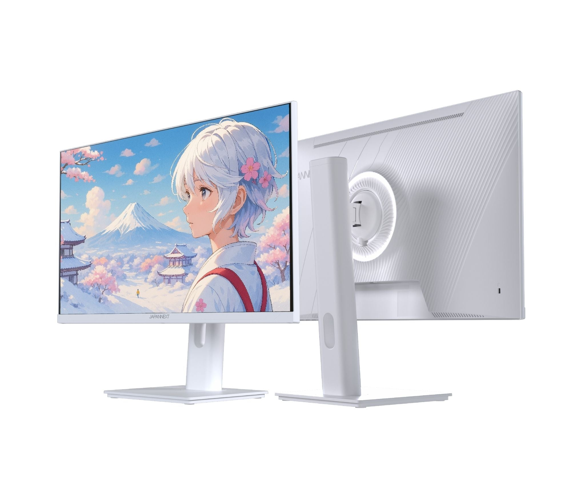 Zwei weiße Computermonitore. Einer zeigt Anime-Kunst einer Frau in traditioneller japanischer Kleidung. Der andere zeigt die Rückseite.
