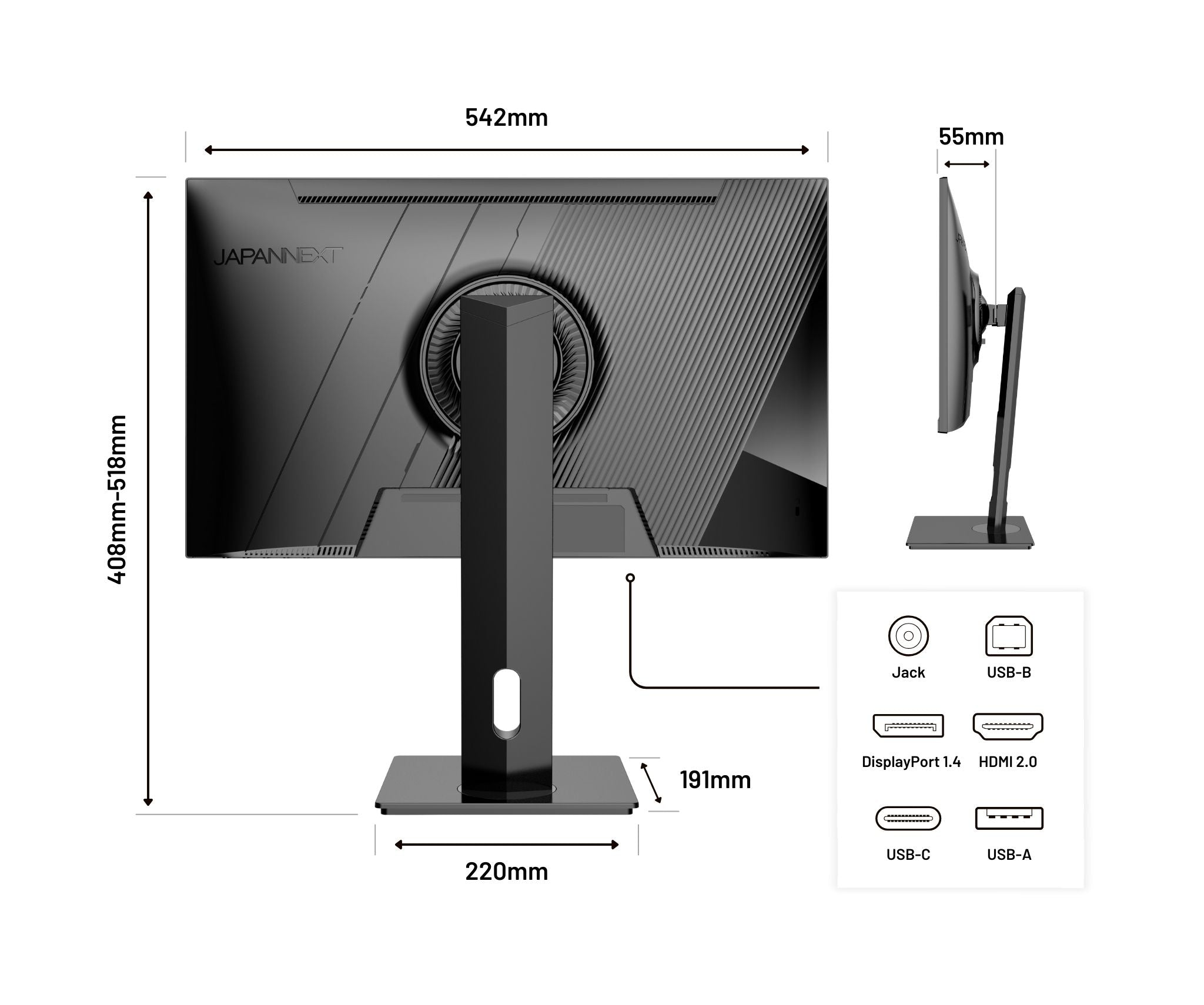 Monitor negro con soporte, medidas etiquetadas. Puertos incluyen Jack, USB, HDMI y DisplayPort. Visible la marca JAPANNEXT.