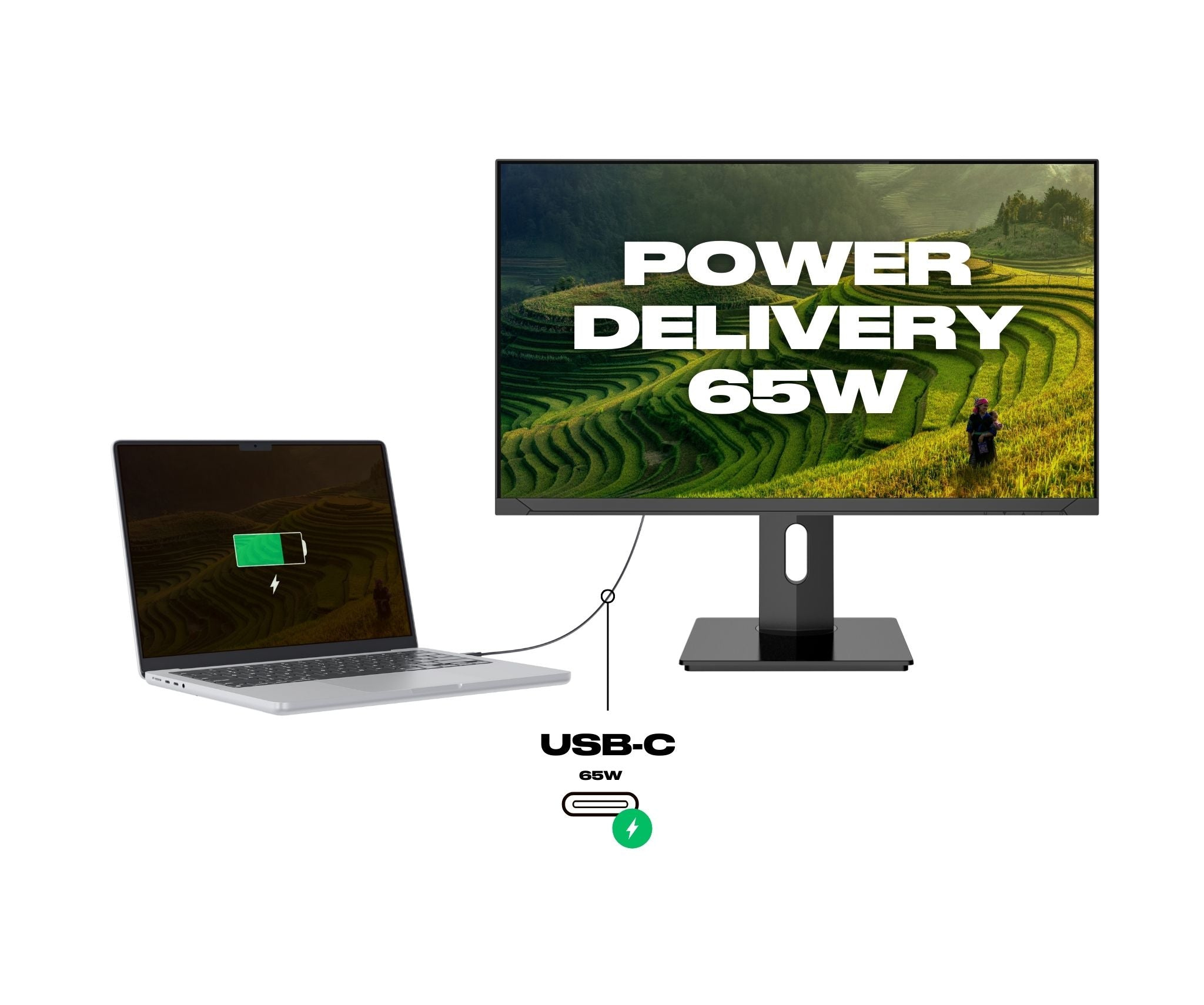 Un portátil conectado a un monitor, que muestra un símbolo de carga. El monitor muestra el texto 'POWER DELIVERY 65W'.