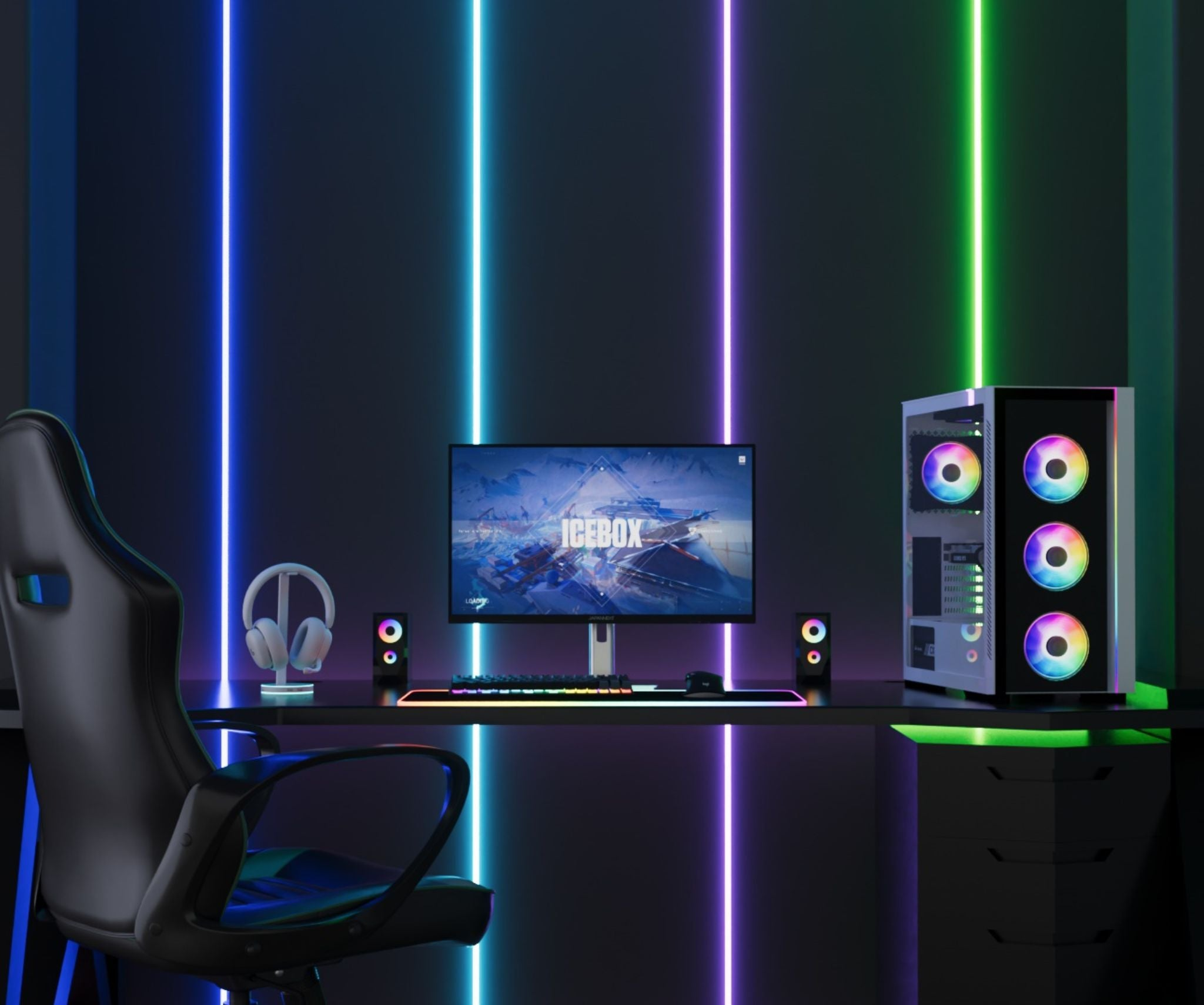 Configuración de juego con monitor mostrando juego, PC, auriculares, altavoces y silla. Luces de neón.