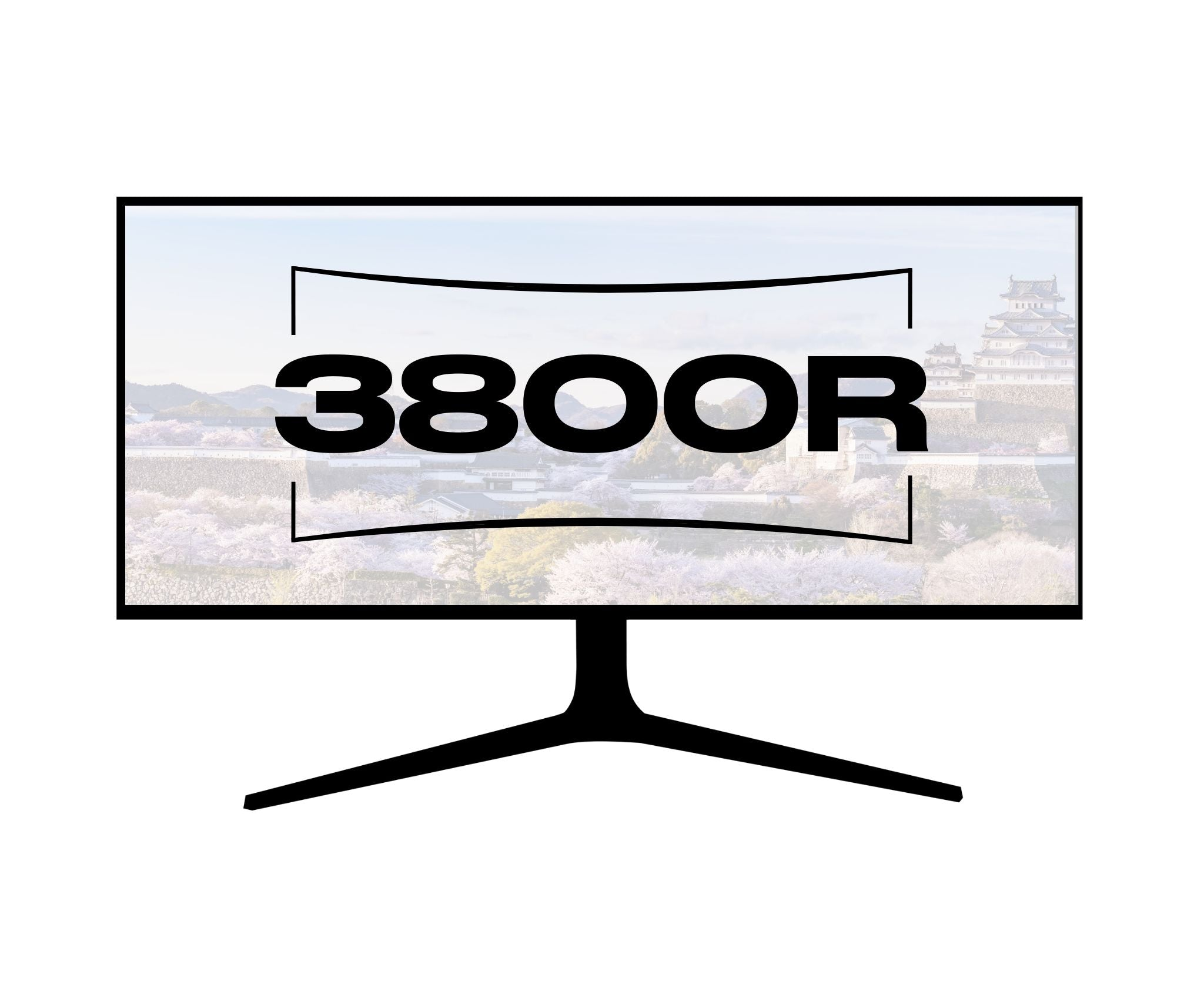 Monitor, der '3800R' über einer Schlosslandschaft mit Kirschblüten zeigt. Der Monitor hat einen schwarzen Rahmen und Ständer.