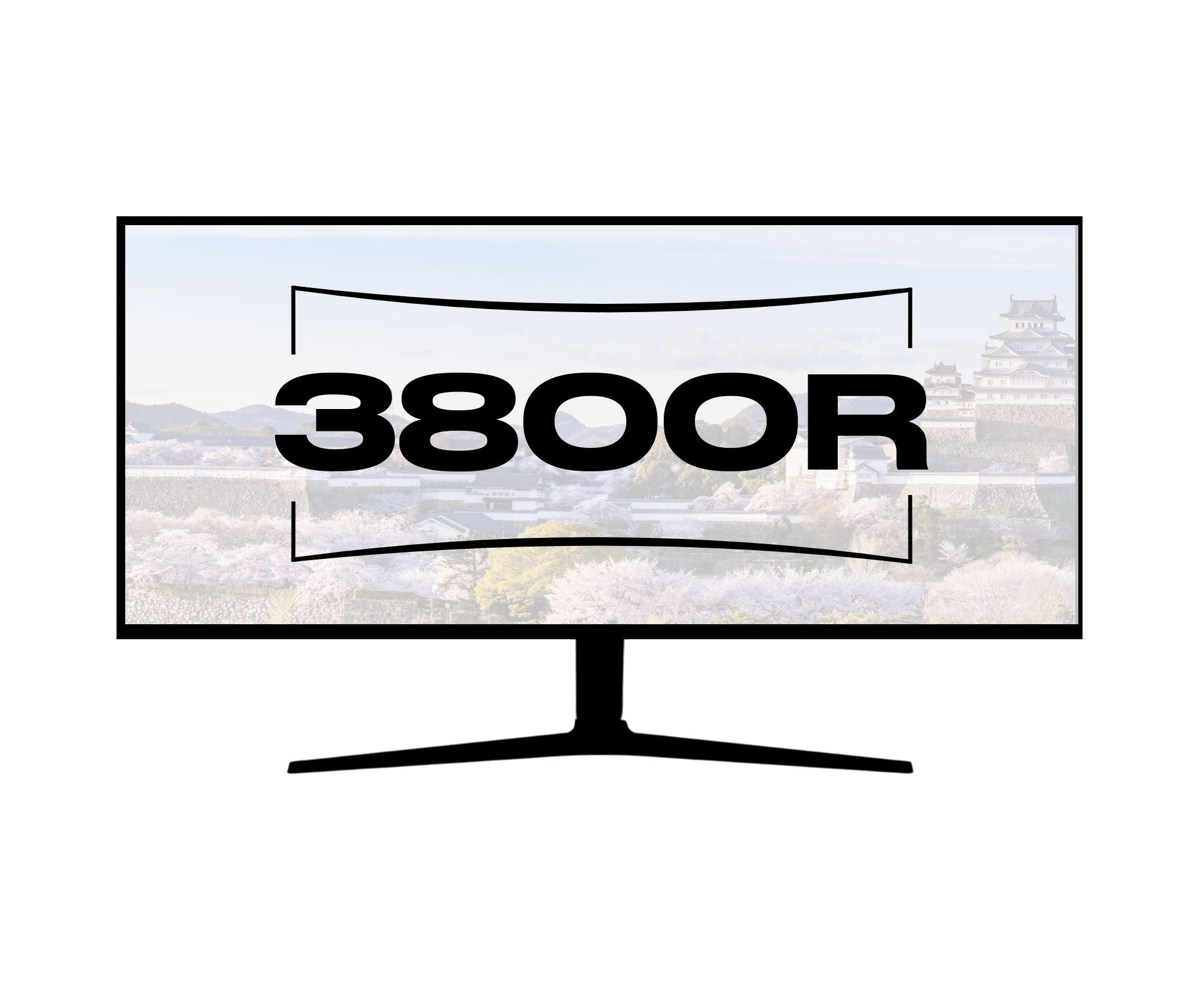 Ein gekrümmter Monitor, der eine japanische Landschaft mit Burg und Kirschblüten zeigt, darauf steht „3800R“.