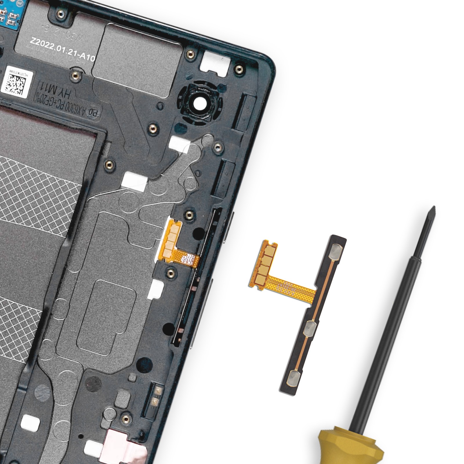 Zerlegter Telefonrahmen, Power-Button-Baugruppe und Schraubendreher auf weißem Hintergrund, Details sichtbar.