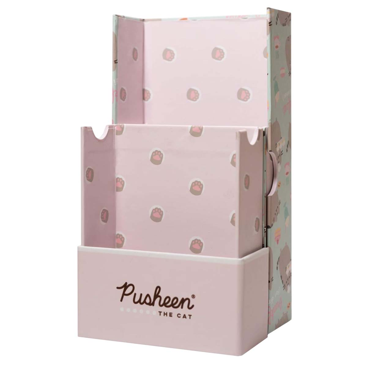 Ein rosa Pusheen-Schreibtisch-Organizer mit Pfotenabdrücken. Der Organizer hat mehrere Fächer und einen Klappdeckel mit Katzenmotiv.