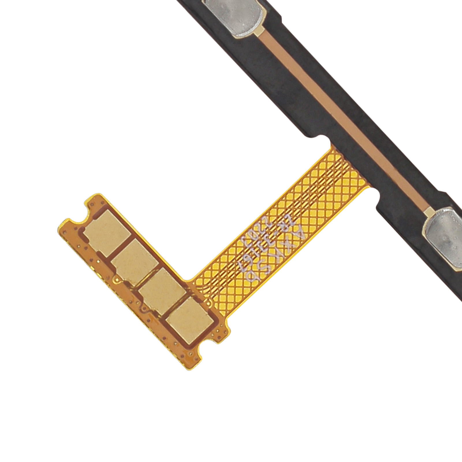 Nahaufnahme einer flexiblen Leiterplatte. Sie hat goldene Anschlüsse, eine schwarze Basis und ein gelbes Flexkabel.