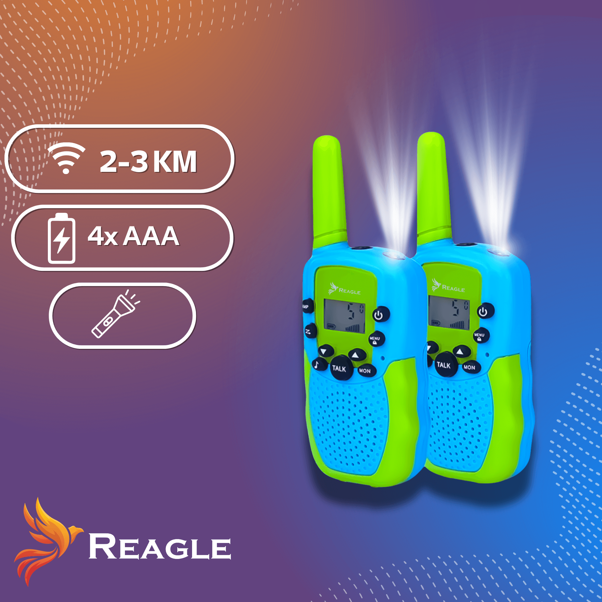 Dwa niebiesko-zielone krótkofalówki z jasnymi światłami. Białe ikony wskazują zasięg, typ baterii i latarkę.