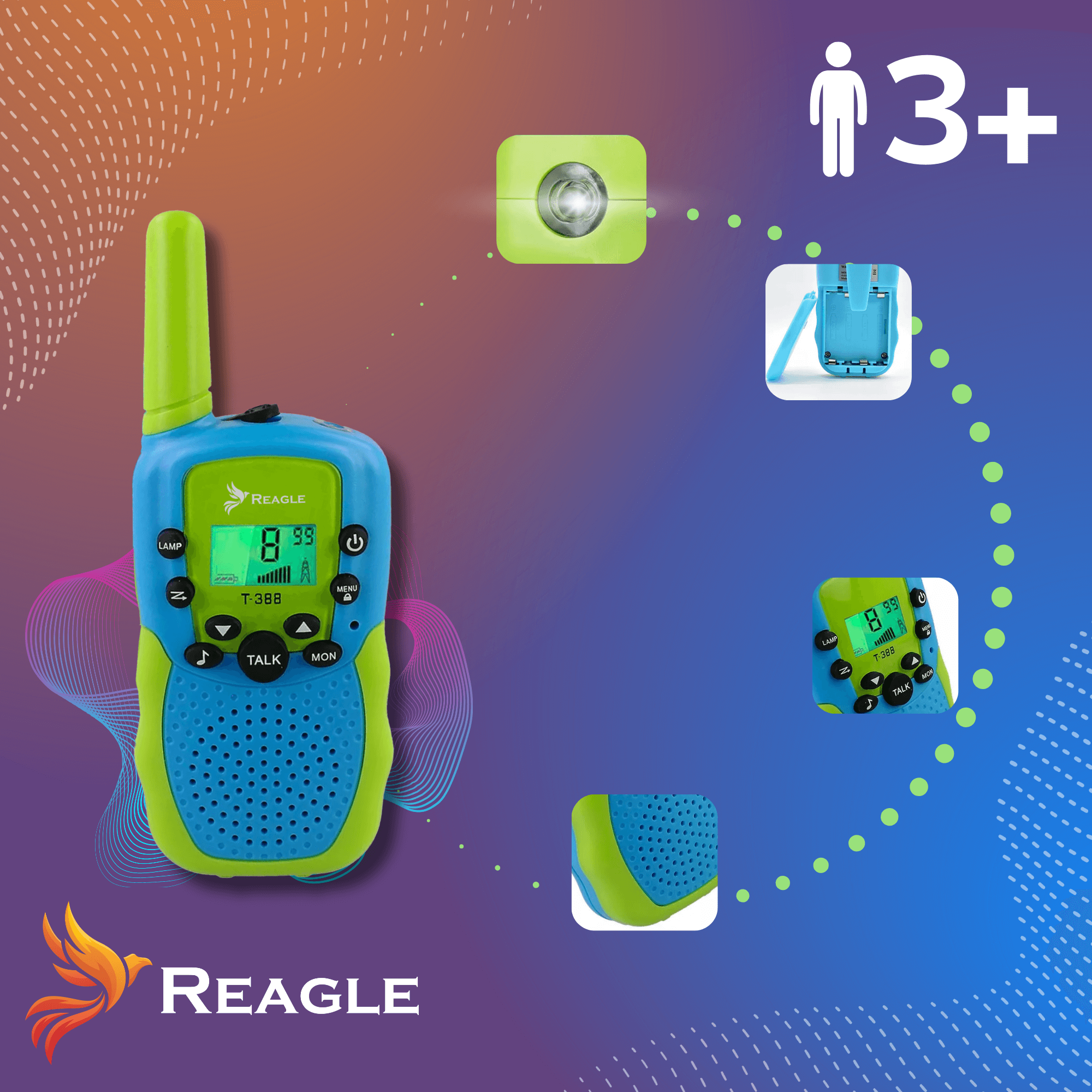 Niebiesko-zielony krótkofalówka z marką REAGLE, wiek 3+ i małym światłem. Obecnych jest również kilka ujęć detali.