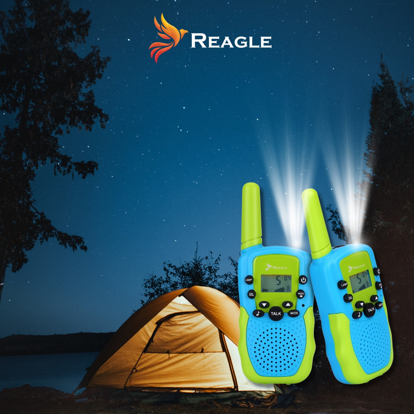 Dwa niebiesko-zielone walkie-talkie z namiotem w tle pod gwiaździstym niebem.