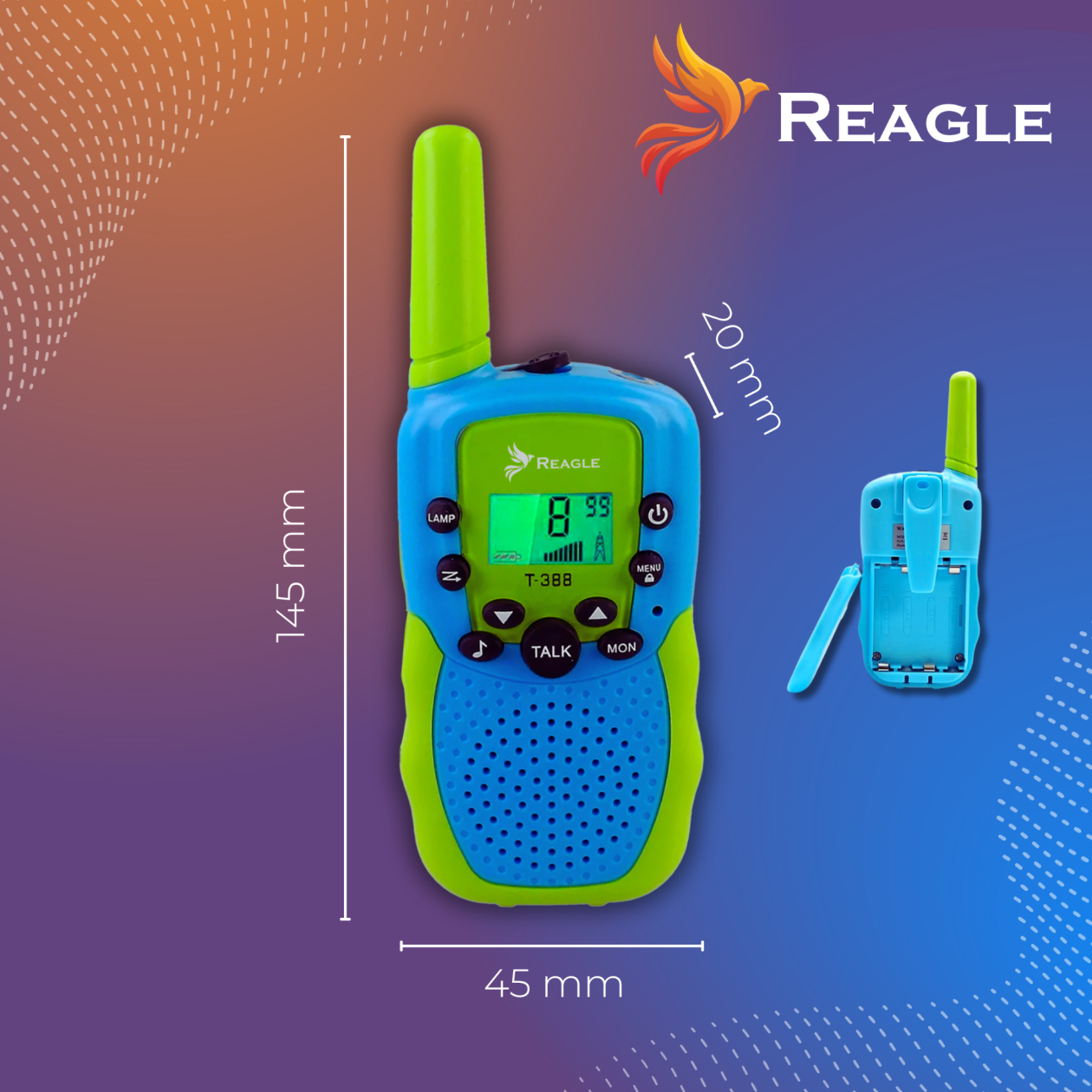 Niebiesko-zielony walkie-talkie z wymiarami oraz drugi pokazujący komorę baterii i logo Reagle.
