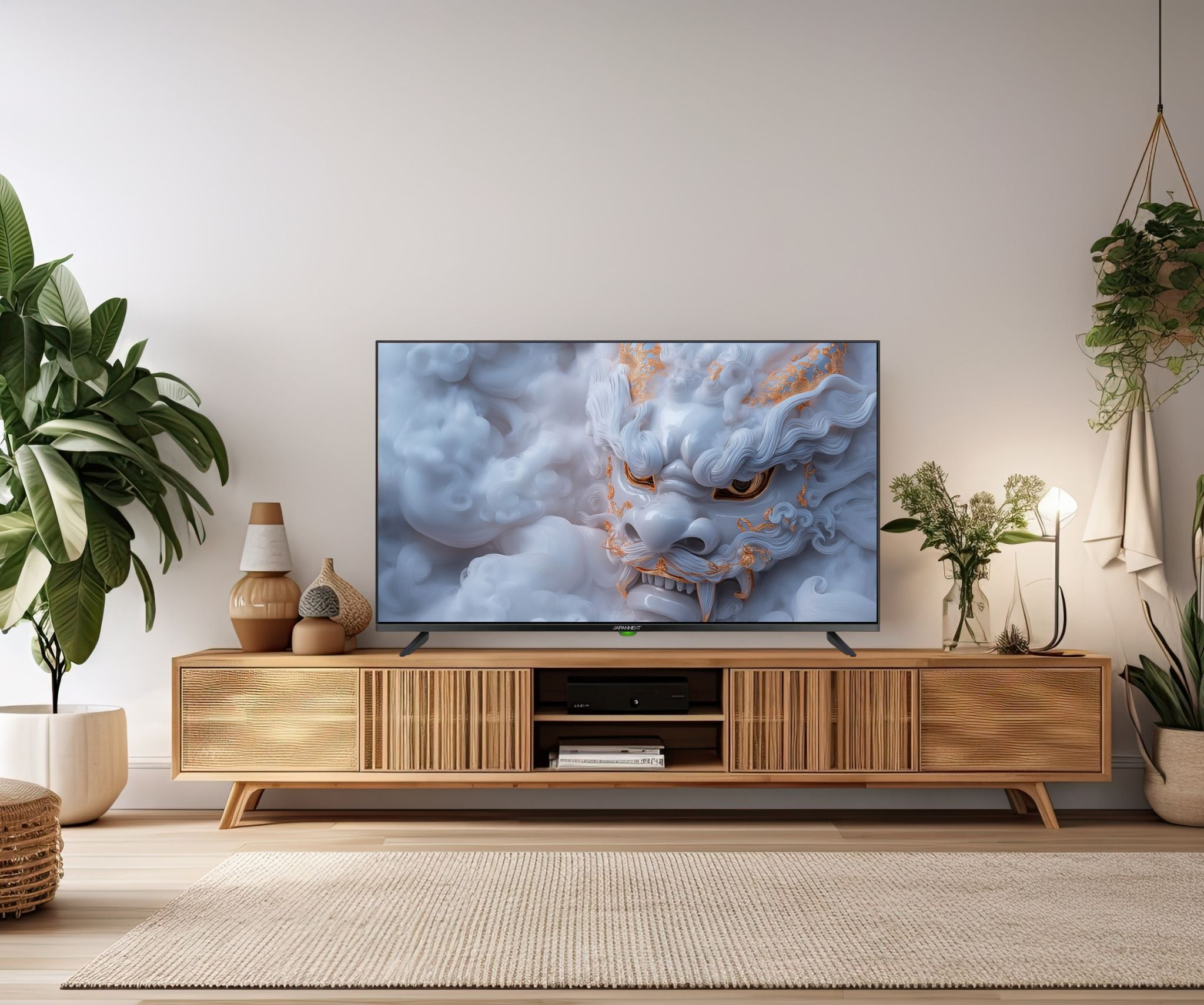Soggiorno con TV drago. Mobile in legno, piante e tappeto. Sfondo bianco. Pianta sospesa a destra.