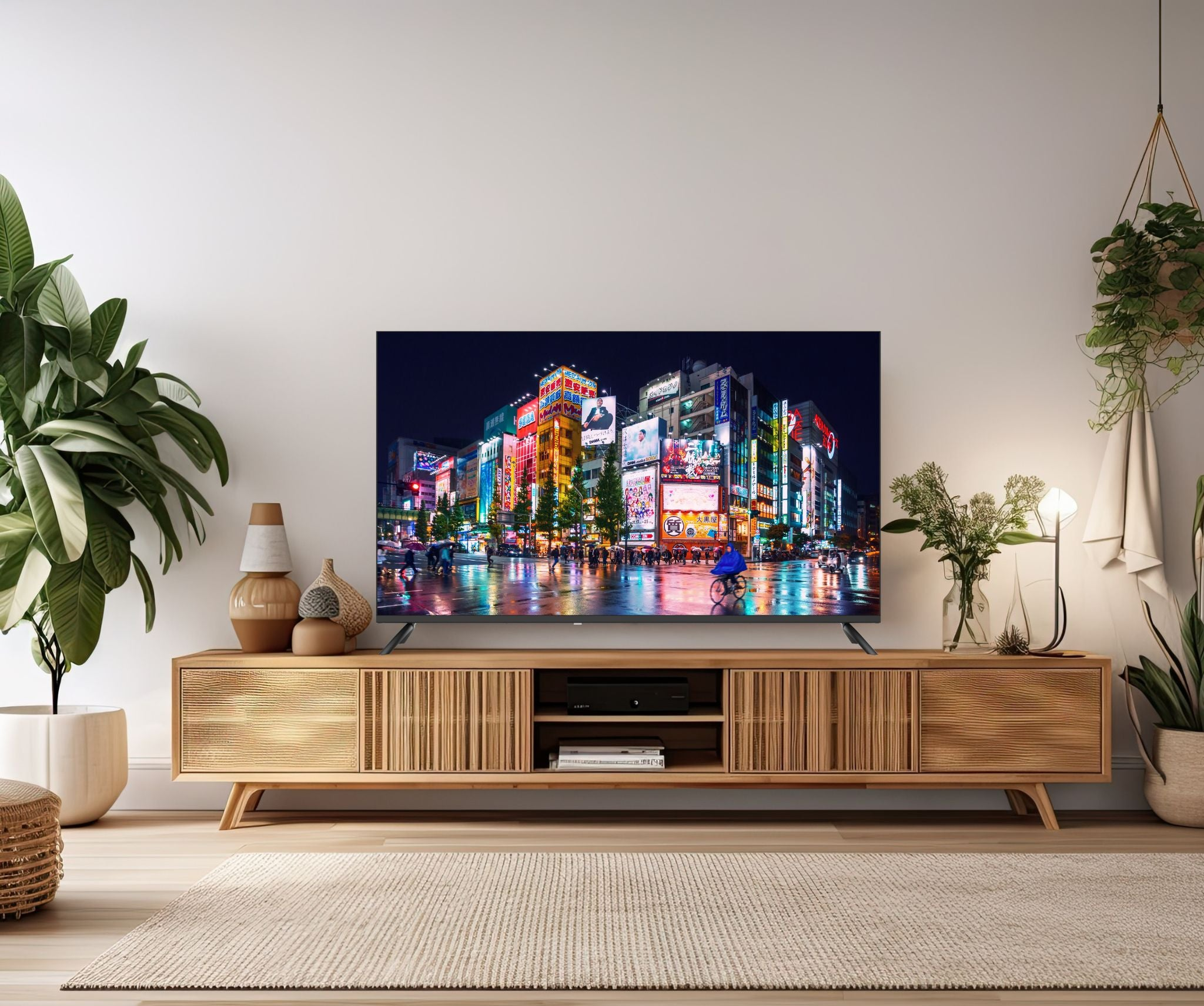 Un televisor muestra una escena de ciudad nocturna. Debajo del televisor hay un mueble de madera. Hay plantas y decoraciones.