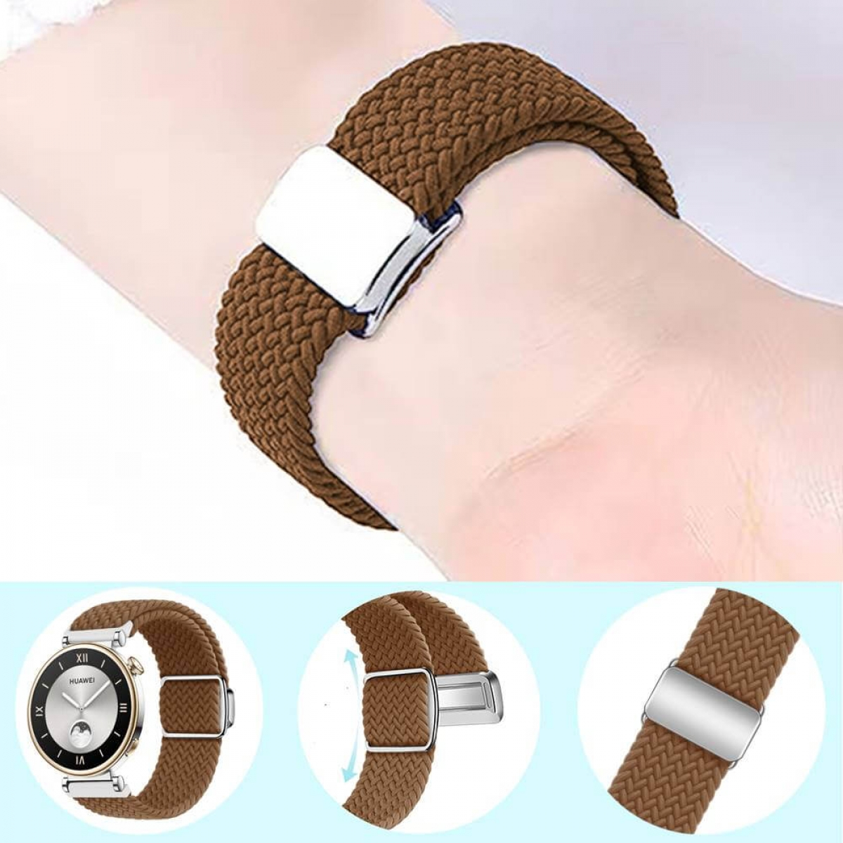 Ein Handgelenk mit einem braunen, gewebten Uhrenarmband mit silbernem Verschluss. Das Zifferblatt ist sichtbar und zeigt die Uhrzeit.