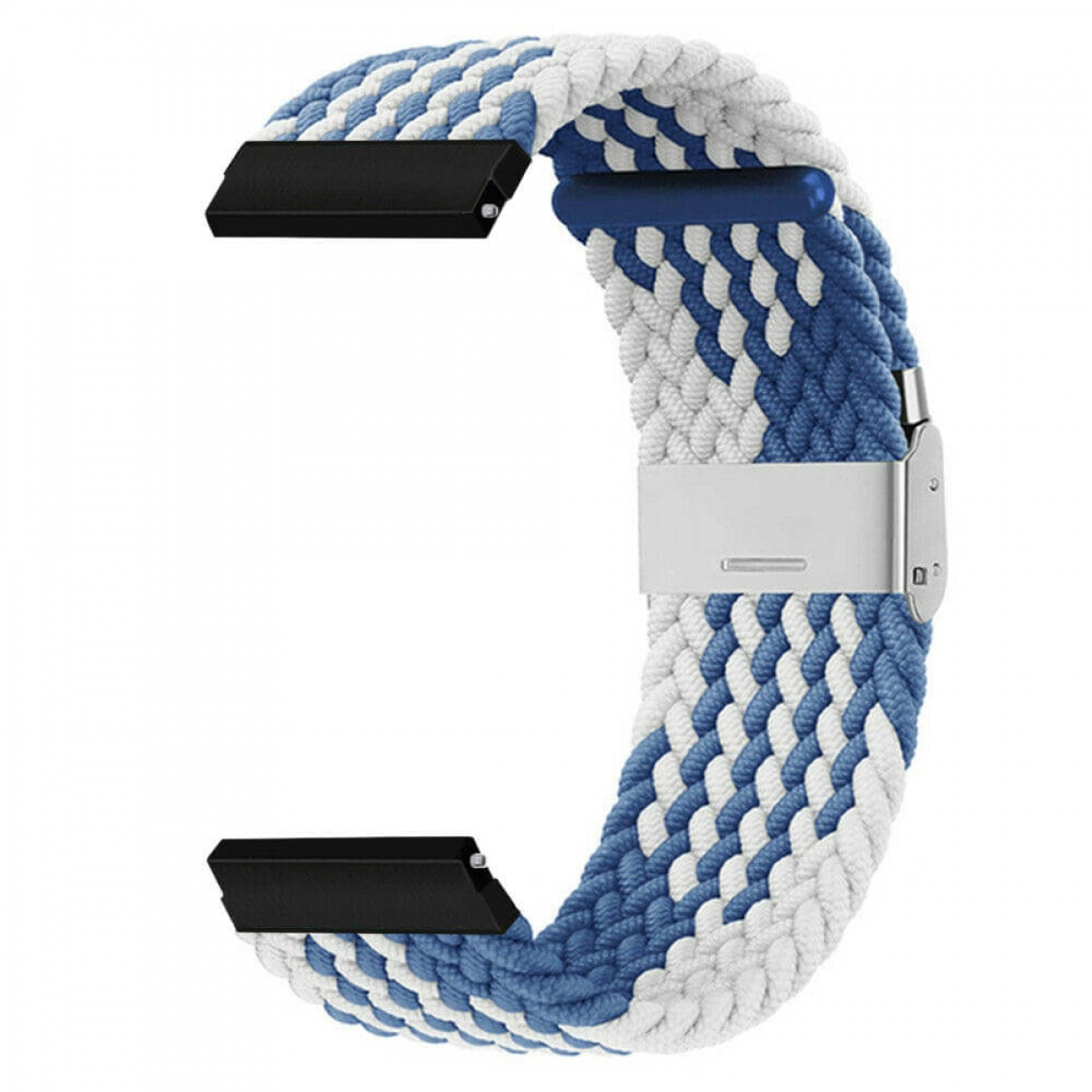 Ein blau-weiß-schwarzes geflochtenes Uhrenarmband. Es hat eine silberne Schließe und schwarze Anschlüsse. Das Armband ist halbkreisförmig.