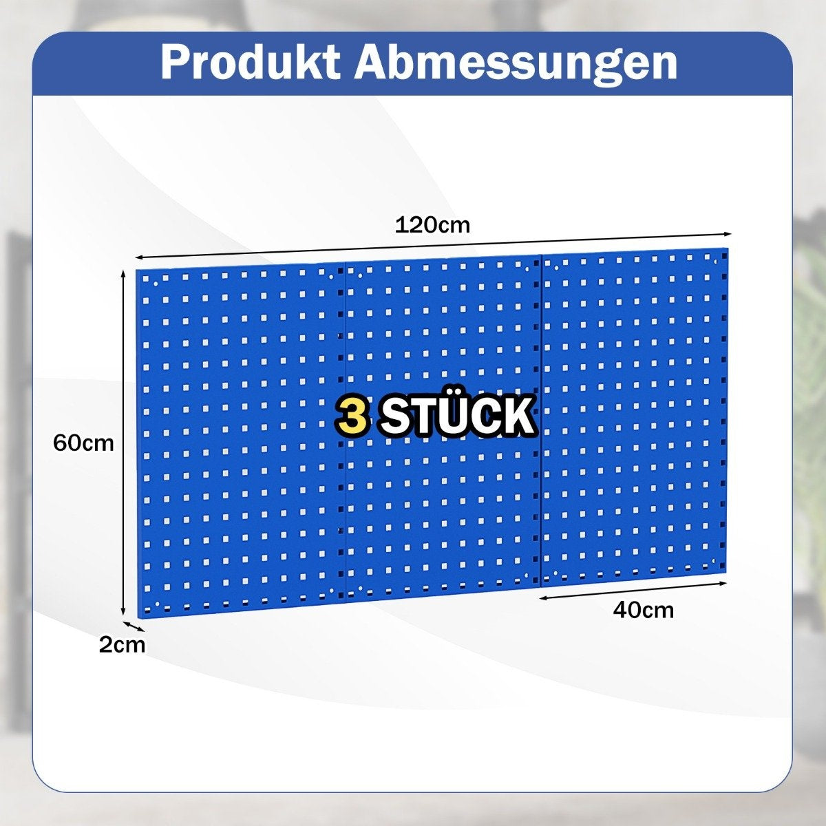 Paneles azules perforados con dimensiones: 120cm x 60cm x 2cm, cantidad 3, etiquetados con 'Produkt Abmessungen'.