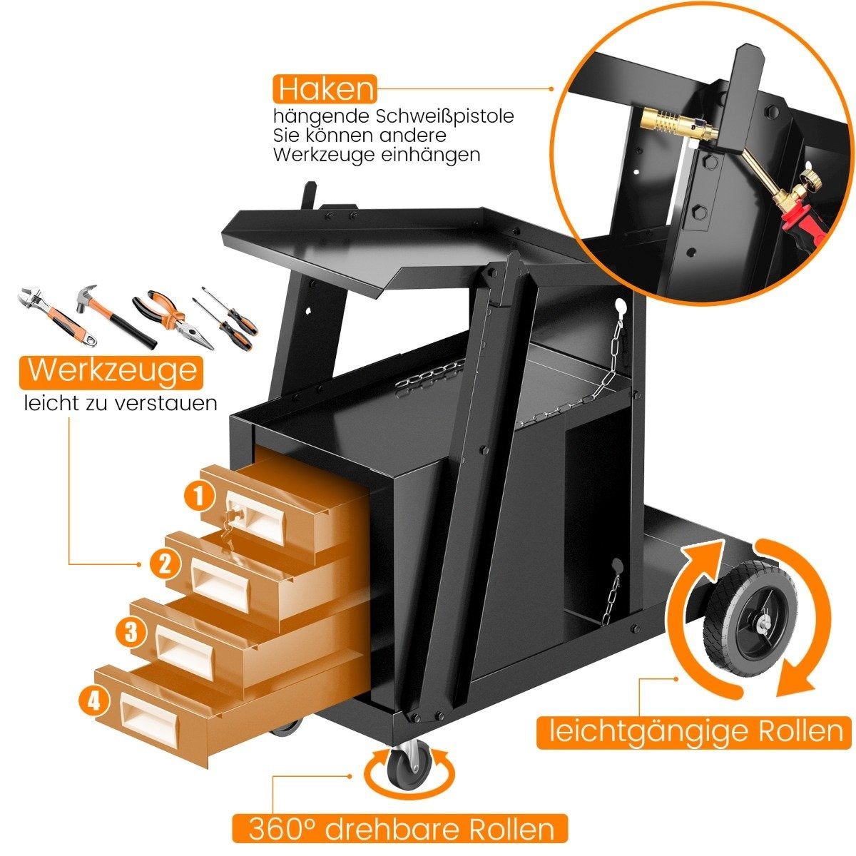 Caja de herramientas metálica negra con cajones, ruedas y ganchos para colgar herramientas. Contiene una antorcha de soldadura y varias herramientas.