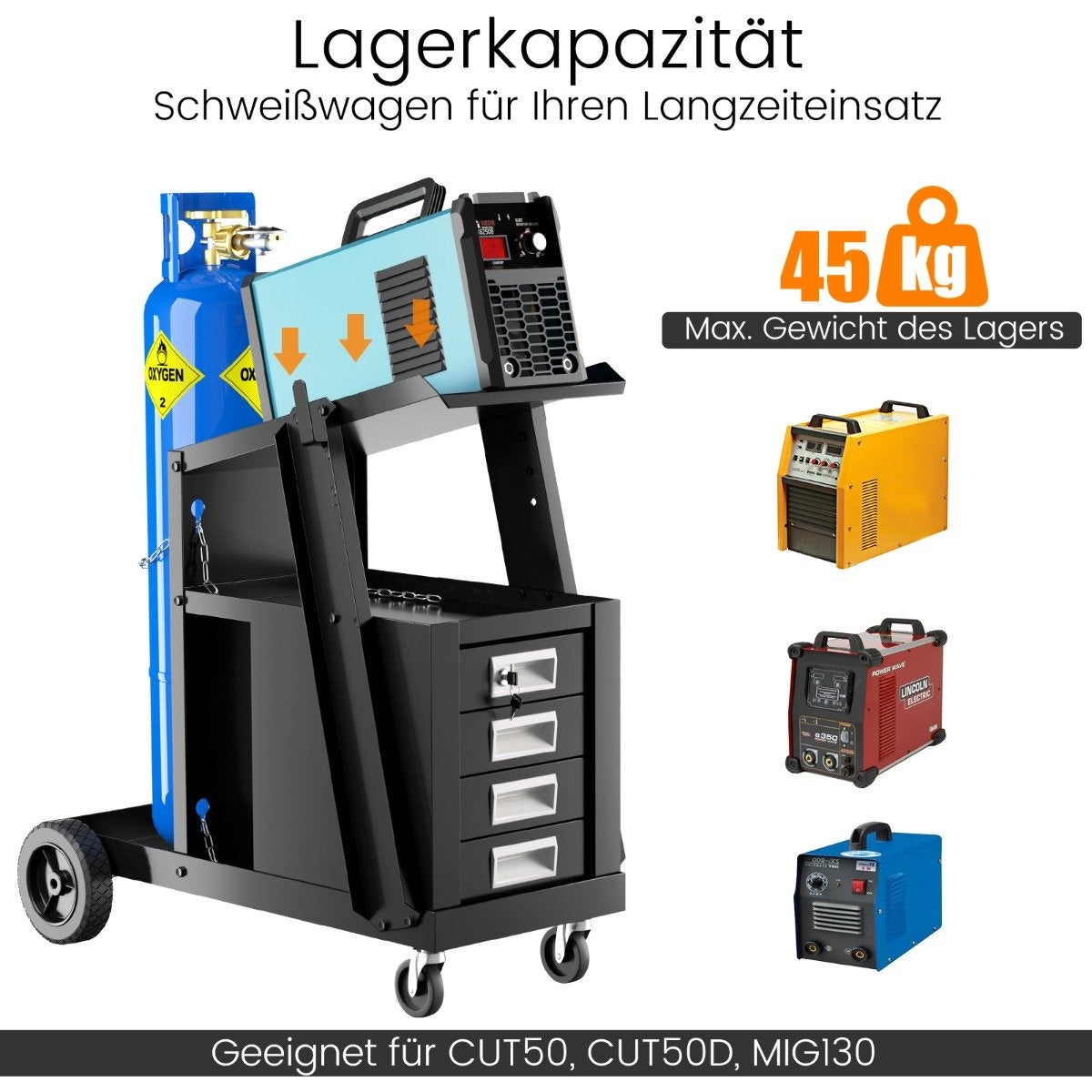Carro de soldadura con tanque de oxígeno, máquina de soldar y cajonera. Peso máximo 45 kg. Adecuado para CUT50, CUT50D y MIG130.