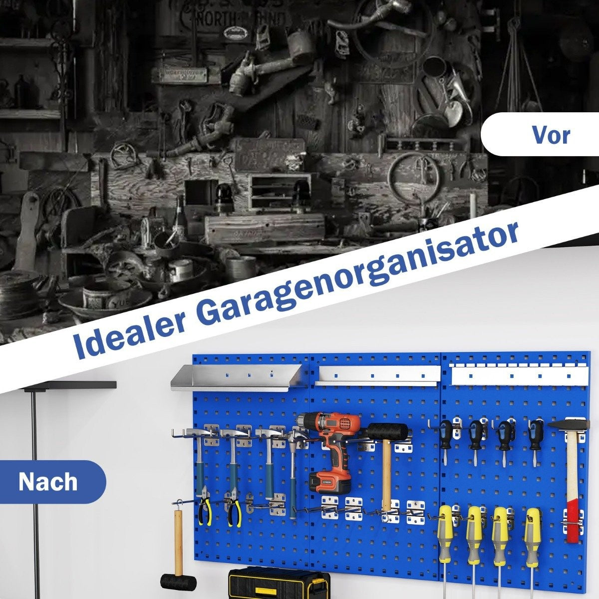 La imagen compara un taller desordenado con uno organizado. El lado organizado tiene un panel perforado azul con herramientas.