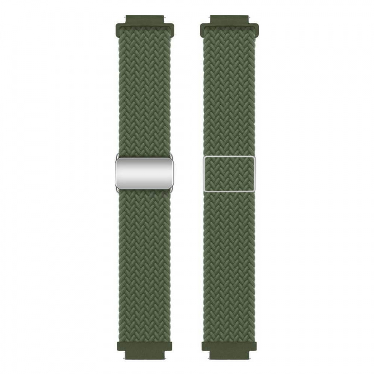 Zwei olivgrüne Uhrenarmbänder mit strukturiertem Webmuster. Eines hat einen silbernen Verschluss, das andere eine silberne rechteckige Schnalle.