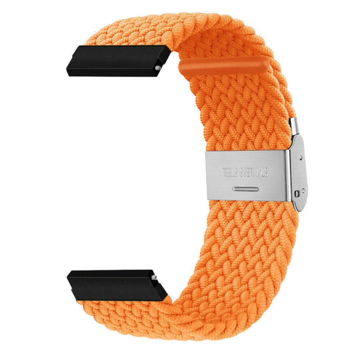 Ein orangefarbenes geflochtenes Uhrenarmband mit schwarzen Steckern und Edelstahlverschluss. Auf dem Verschluss steht 'STAINLESS STEEL'.