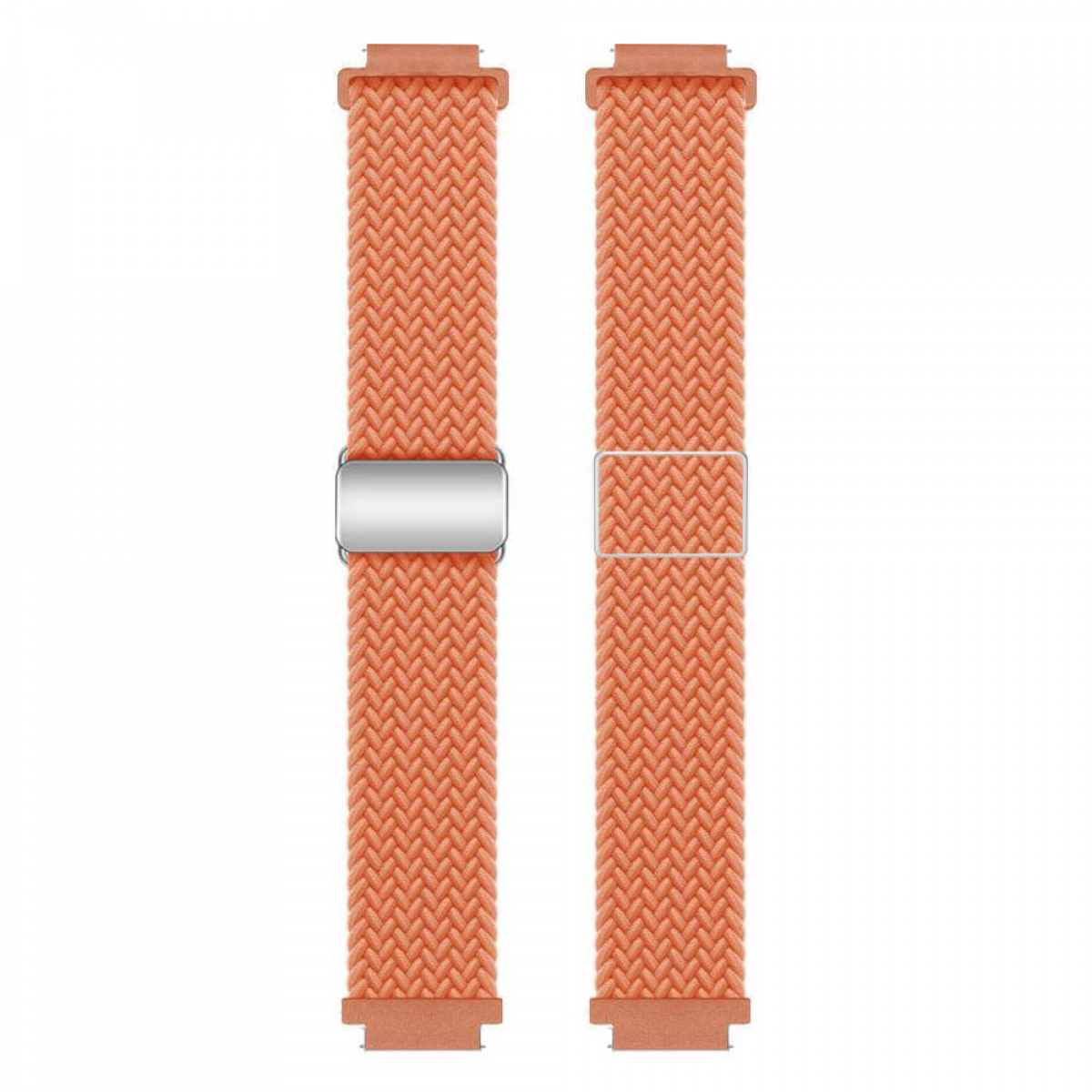 Zwei orangefarbene Uhrenarmbänder mit gewebter Textur. Eines hat eine silberne Schnalle, das andere eine silberne rechteckige Schlaufe.