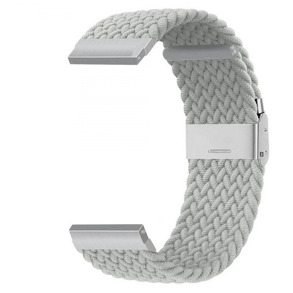 Ein hellgraues Uhrenarmband aus gewebtem Stoff. Es hat silberne Metallverbinder und einen Verschluss.