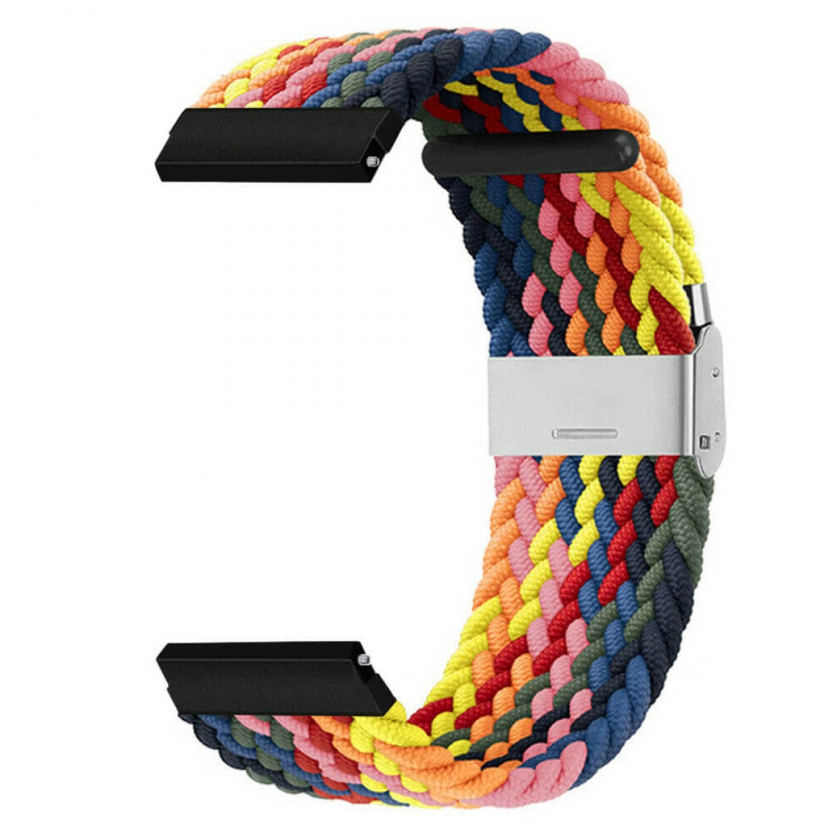 Geflochtenes Uhrenarmband. Es hat mehrere Farben: Gelb, Pink, Orange, Rot, Grün, Blau und Schwarz. Es hat auch schwarze und silberne Metallteile.