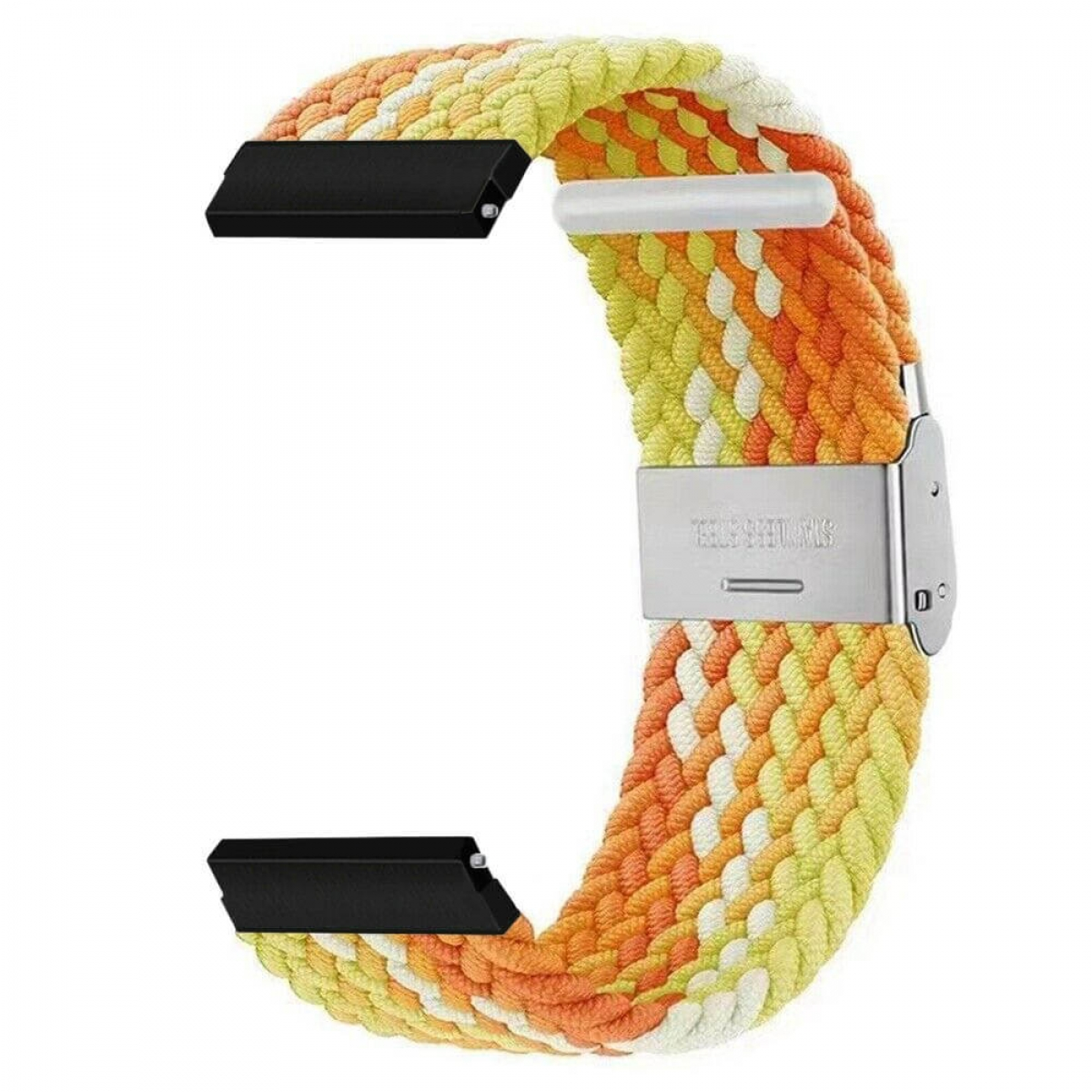Ein geflochtenes Uhrenarmband in Gelb, Orange und Weiß. Es hat eine silberne Schnalle und schwarze Anschlüsse.