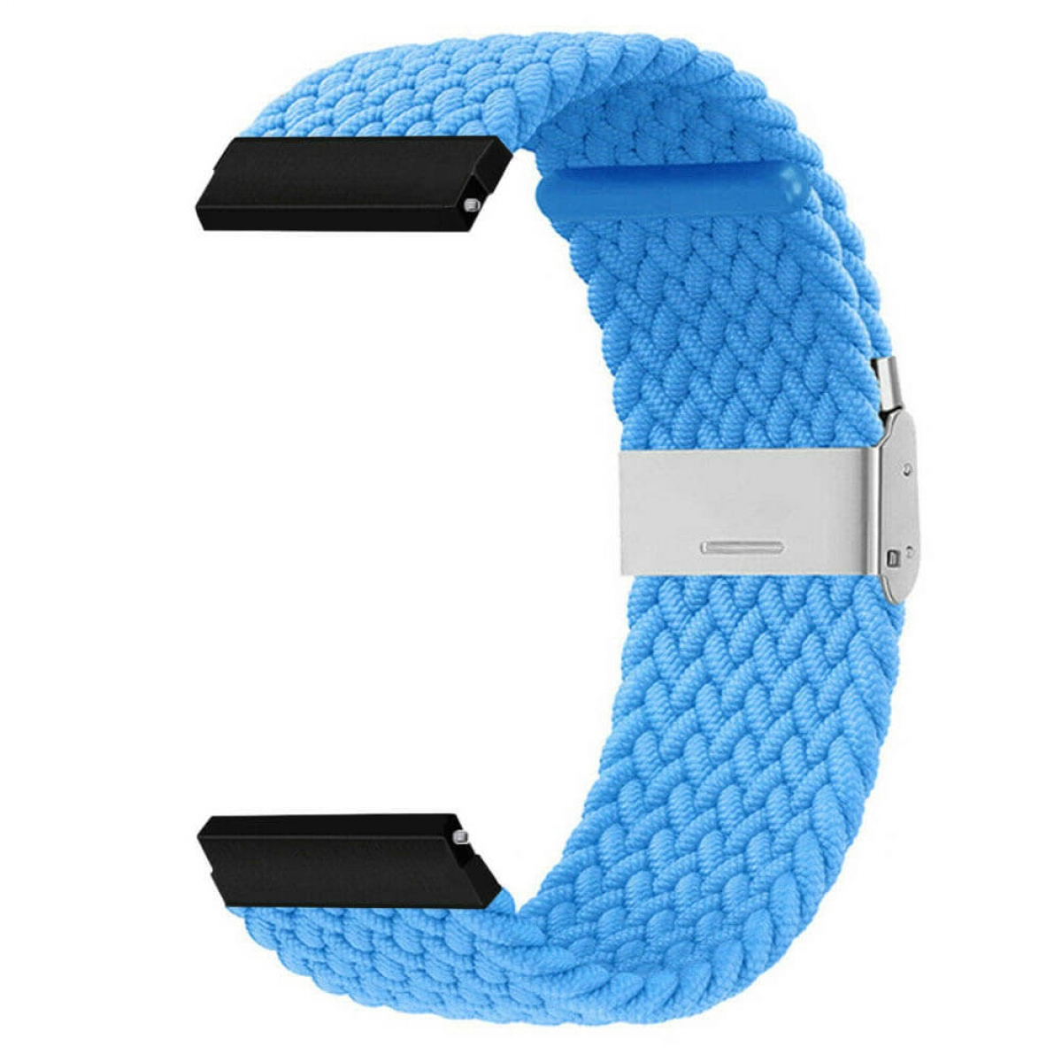 Ein hellblaues, gewebtes Armband mit schwarzen Anschlüssen und einer silbernen Schließe. Das Band hat eine strukturierte Oberfläche.