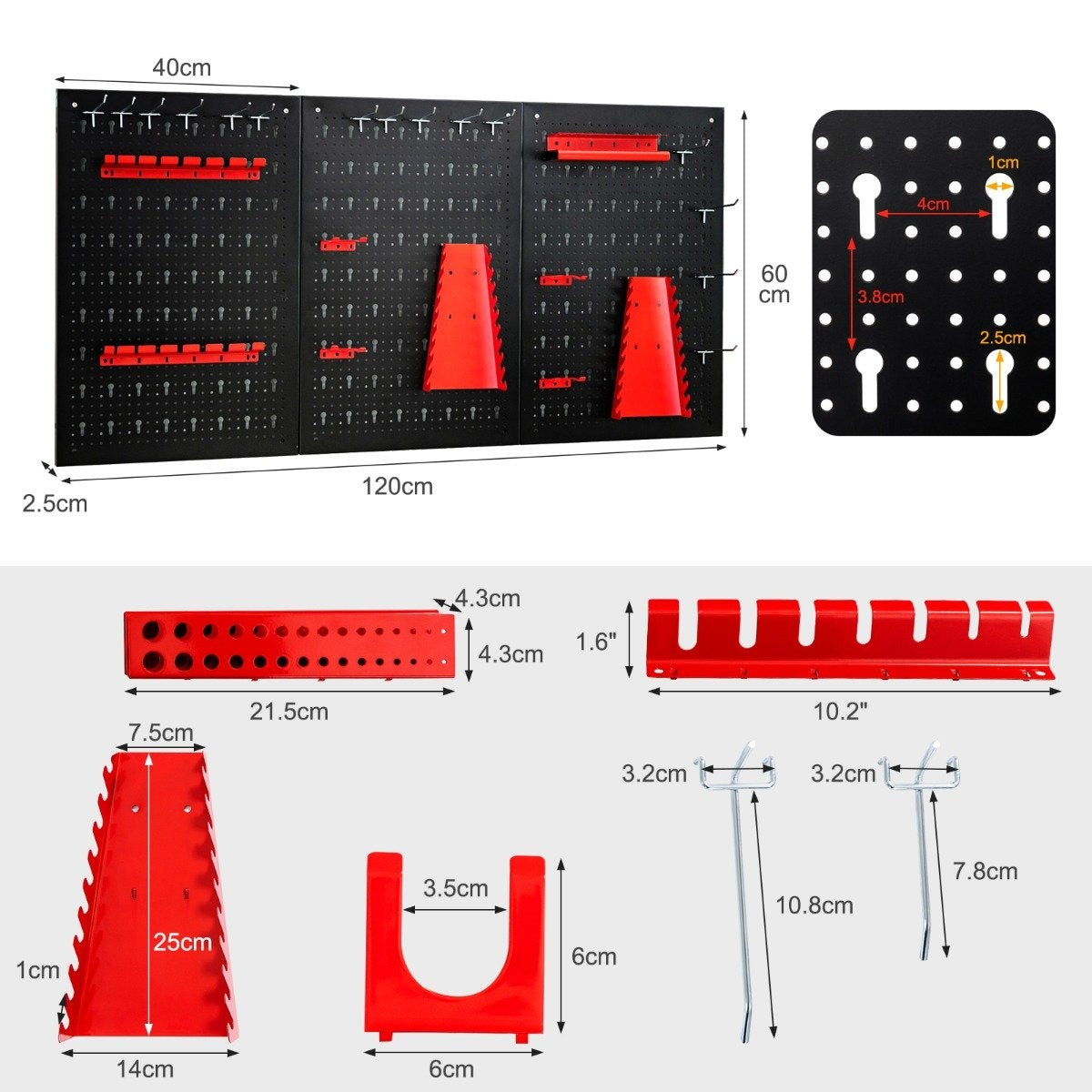 Un organizador de herramientas con tableros perforados, soportes rojos y diversas herramientas. Se dan dimensiones.