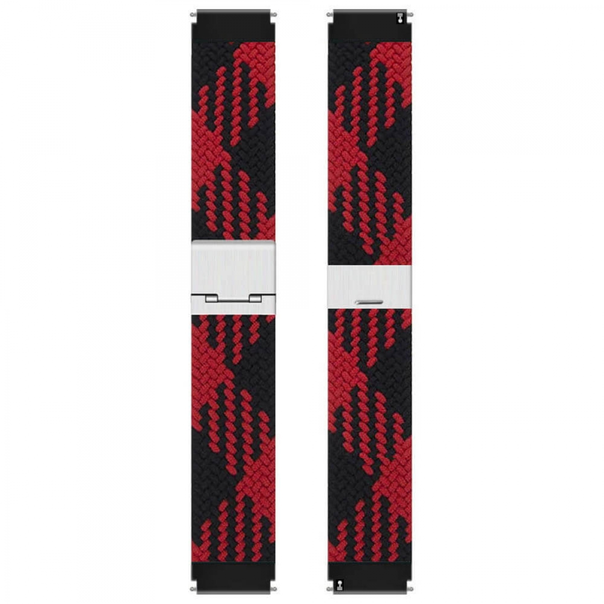 Zwei Uhrenarmbänder mit rot-schwarzem Webmuster, silbernen Metallverschlüssen und schwarzen Endstücken. Vertikale Anordnung.