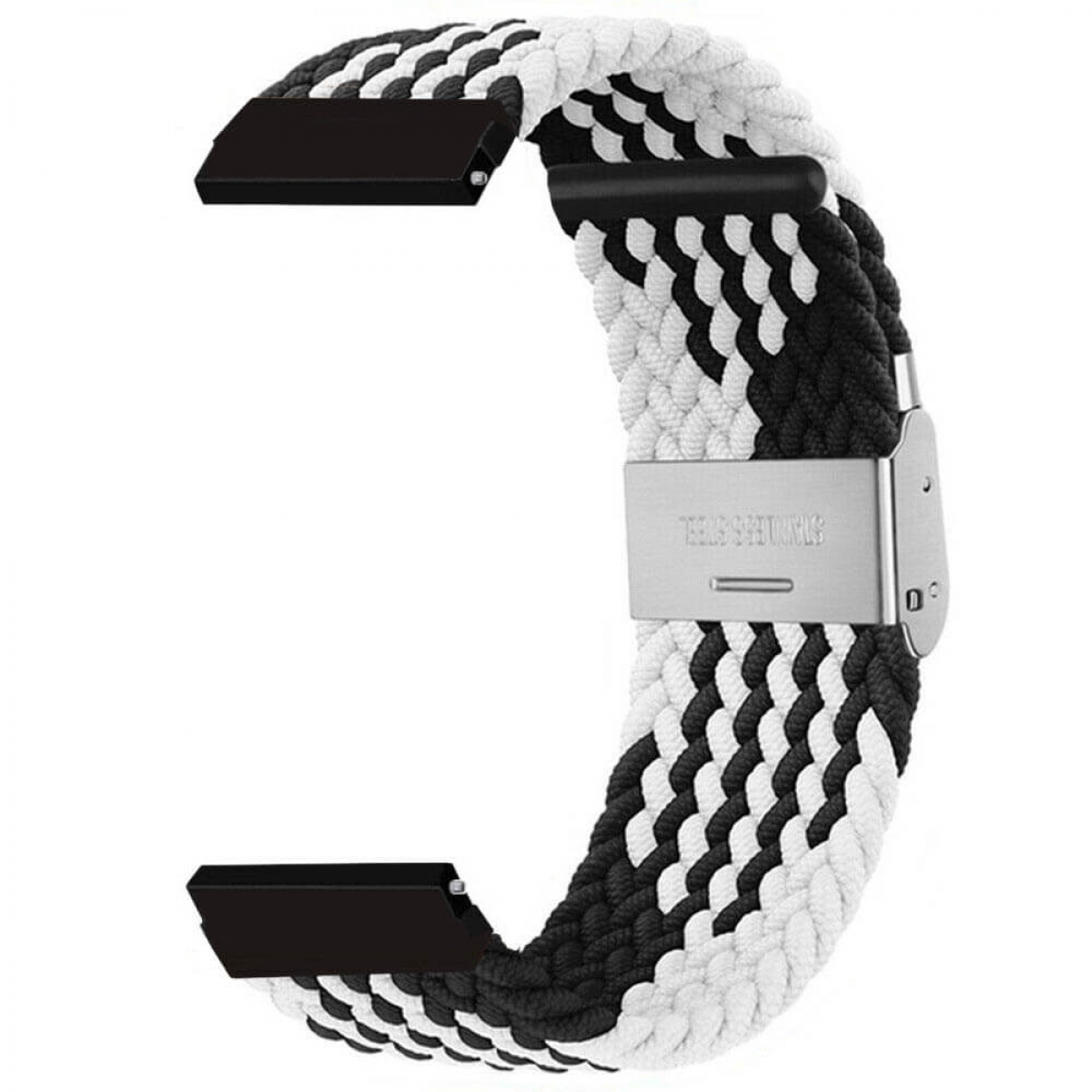 Ein schwarz-weiß-graues Uhrenarmband. Es hat ein gewebtes Muster und eine silberne Schnalle. Das Armband besteht aus geflochtenem Material.