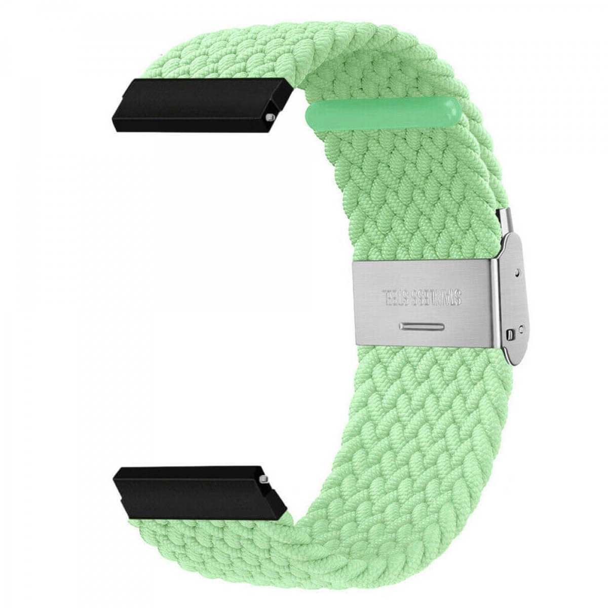 Ein hellgrünes, gewebtes Uhrenarmband mit schwarzen Anschlüssen und einer silbernen Schließe. Die Schließe ist mit 'STAINLESS STEEL' beschriftet.