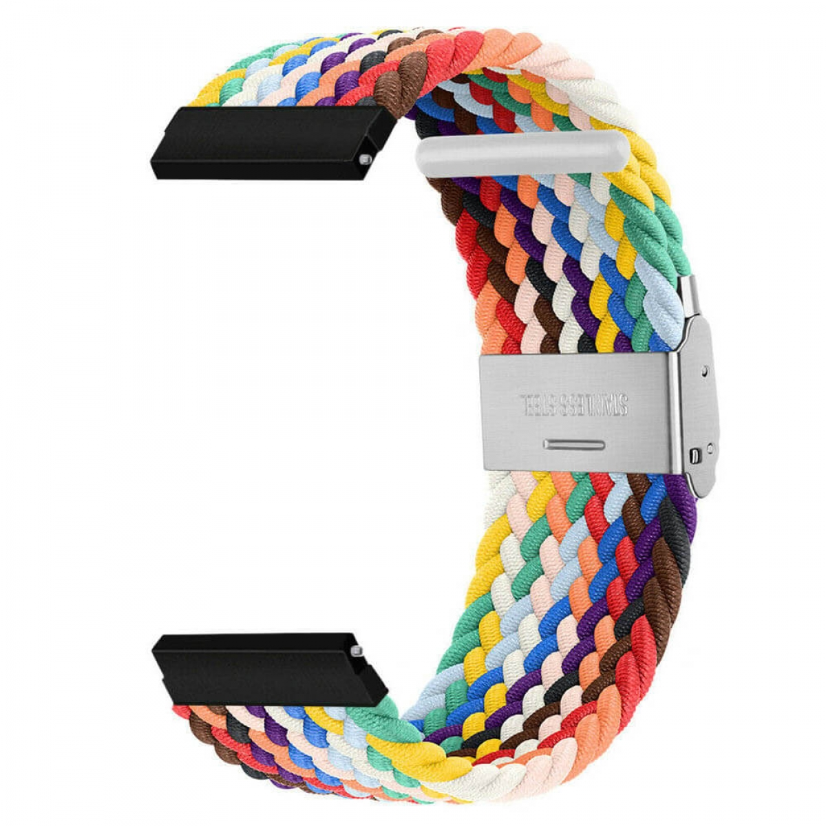 Ein farbenfrohes geflochtenes Uhrenarmband mit schwarzen Steckern und einem Edelstahlverschluss. Verschiedene Farben sind im Zopf sichtbar.