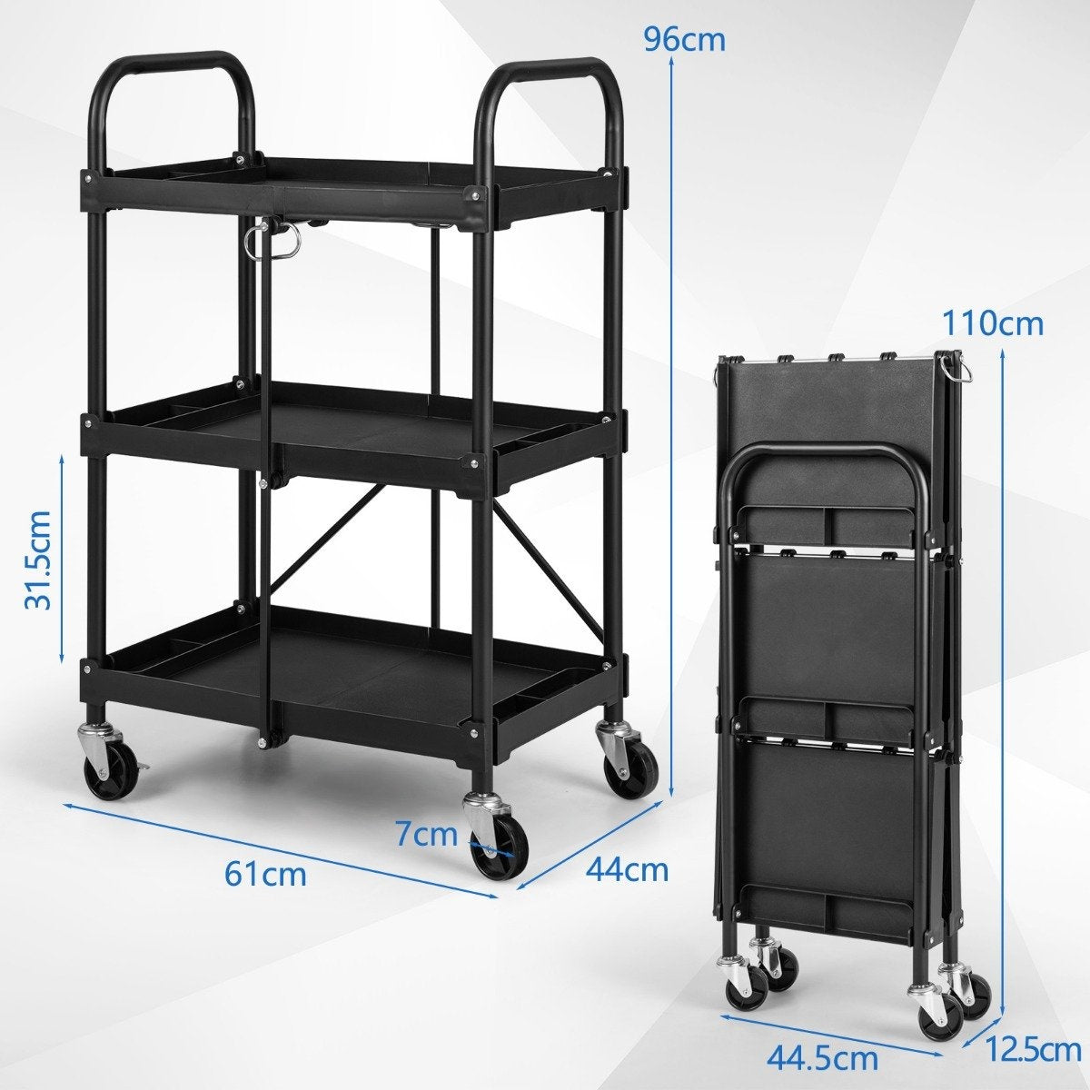 Dos carritos utilitarios negros, uno plegado. El carrito desplegado tiene tres estantes, con dimensiones mostradas.