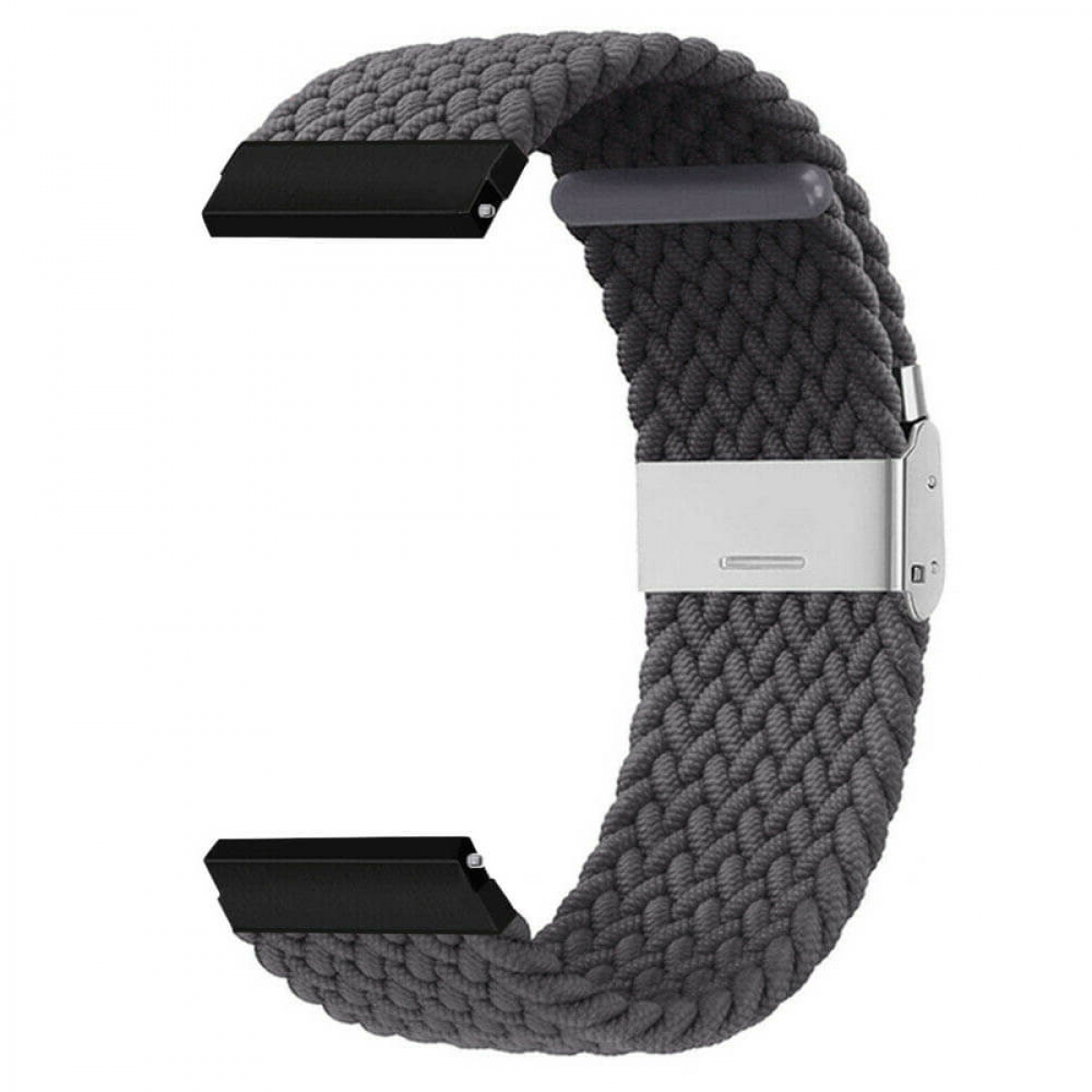 Ein graues gewebtes Uhrenarmband mit schwarzen Anschlüssen und einem silbernen Verschluss. Das Band ist dick und aus geflochtenem Material.