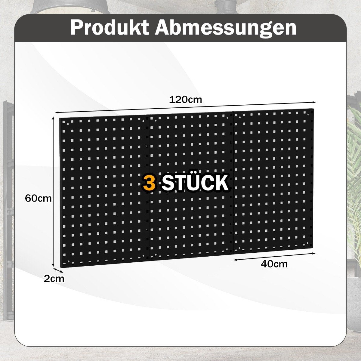 Panel negro perforado con dimensiones: 120cm x 60cm x 2cm. Texto '3 Stück'. También se indica el tamaño de 40cm.