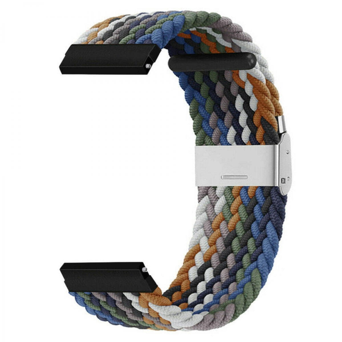 Ein geflochtenes Uhrenarmband in verschiedenen Farben. Es hat schwarze Anschlüsse und eine silberne Schnalle. Das Band ist gebogen.