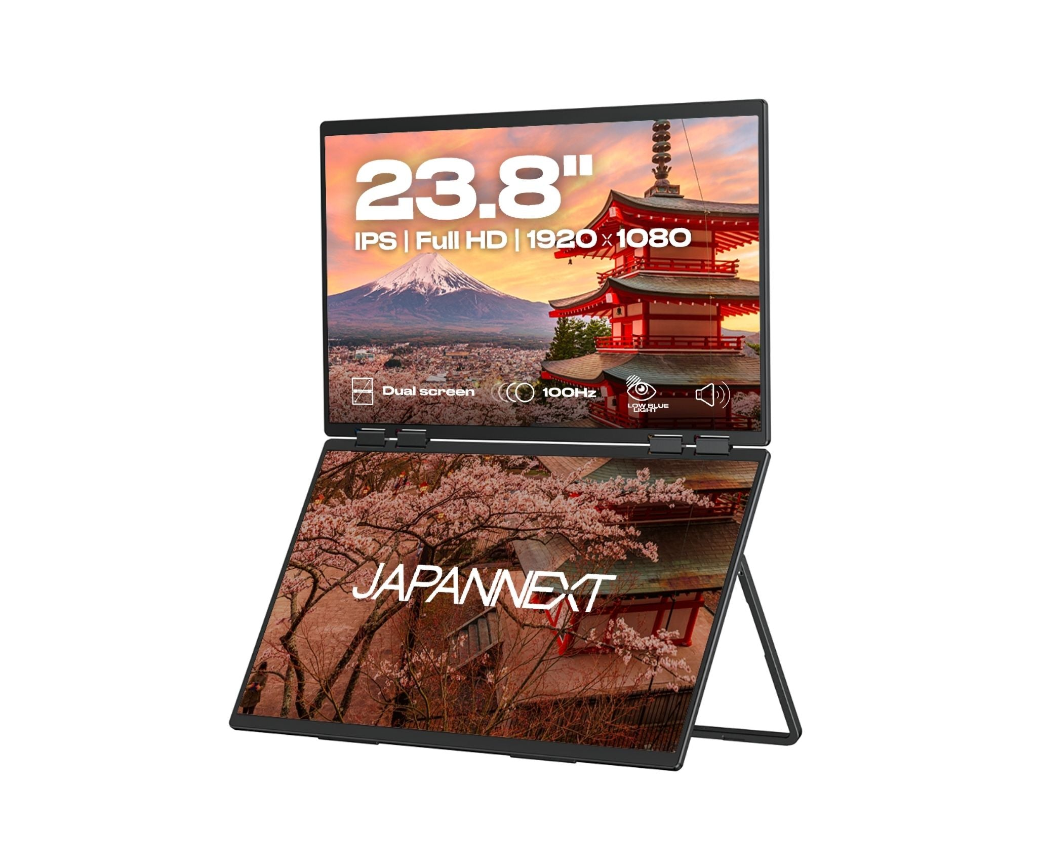Ein Dual-Screen-Monitor zeigt japanische Landschaften. Der obere Bildschirm zeigt Fuji und eine Pagode. Der untere zeigt Kirschblüten.